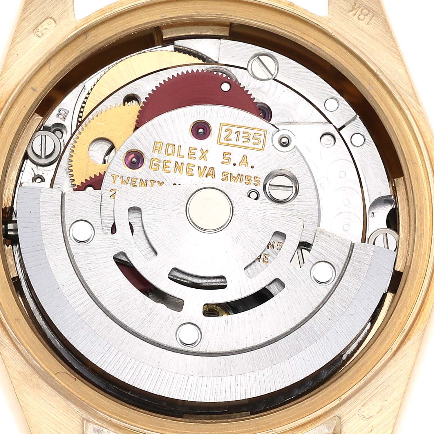 The image shows an internal view of the Rolex President 69278 Women's Yellow Gold White Dial 69278 Women's Yellow Gold White Dial model watch, highlighting the movement mechanism and gears.