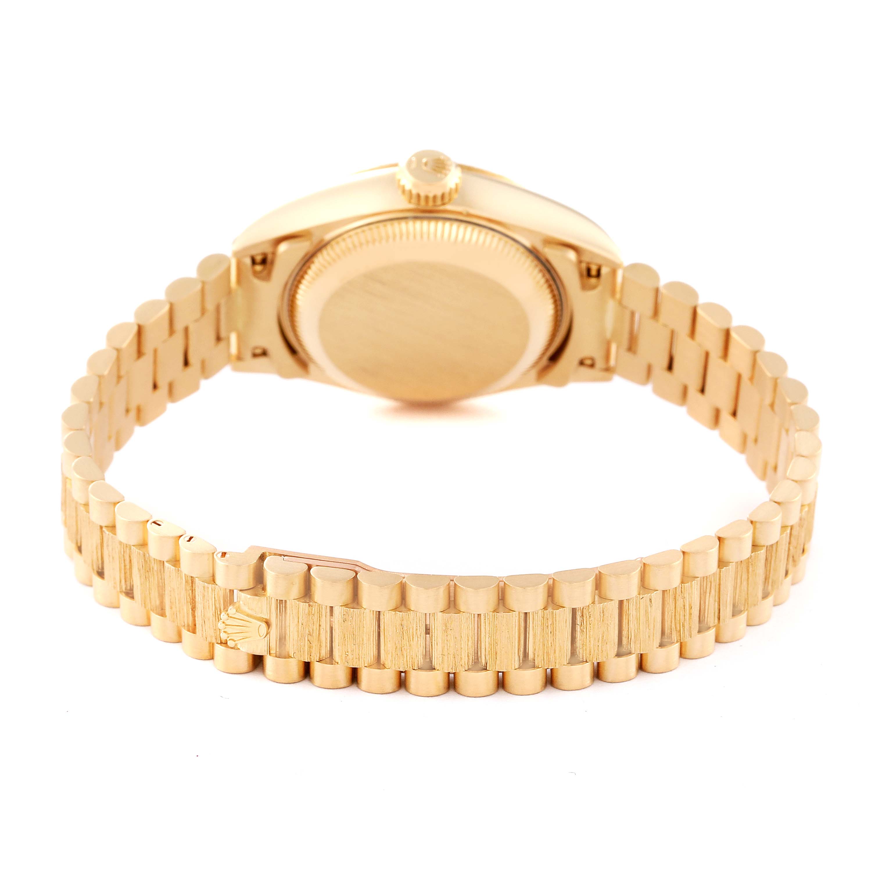 The image shows the back view of a Rolex President 69278 Women's Yellow Gold White Dial 69278 Women's Yellow Gold White Dial model watch, highlighting its gold bracelet and clasp.