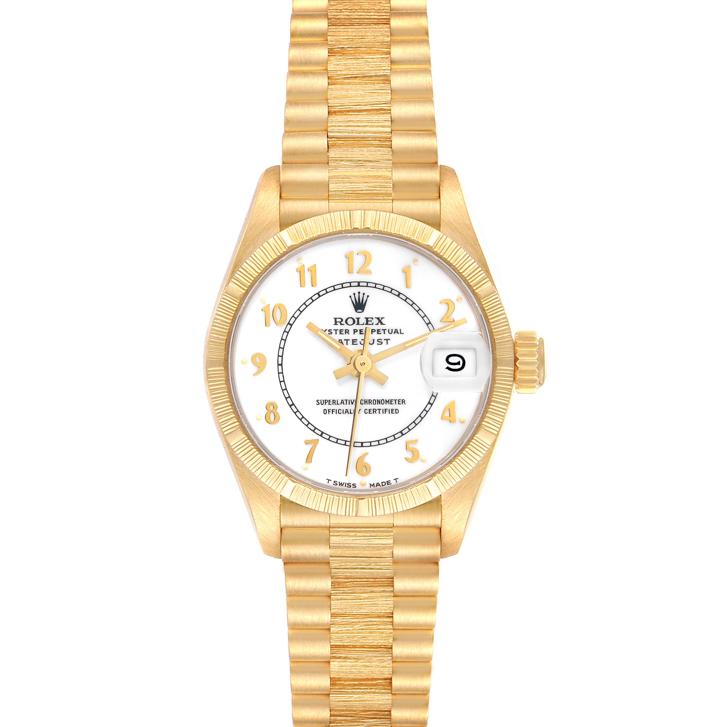 This image shows a front view of a Rolex President 69278 Women's Yellow Gold White Dial 69278 Women's Yellow Gold White Dial model watch showcasing the dial, bezel, and bracelet.