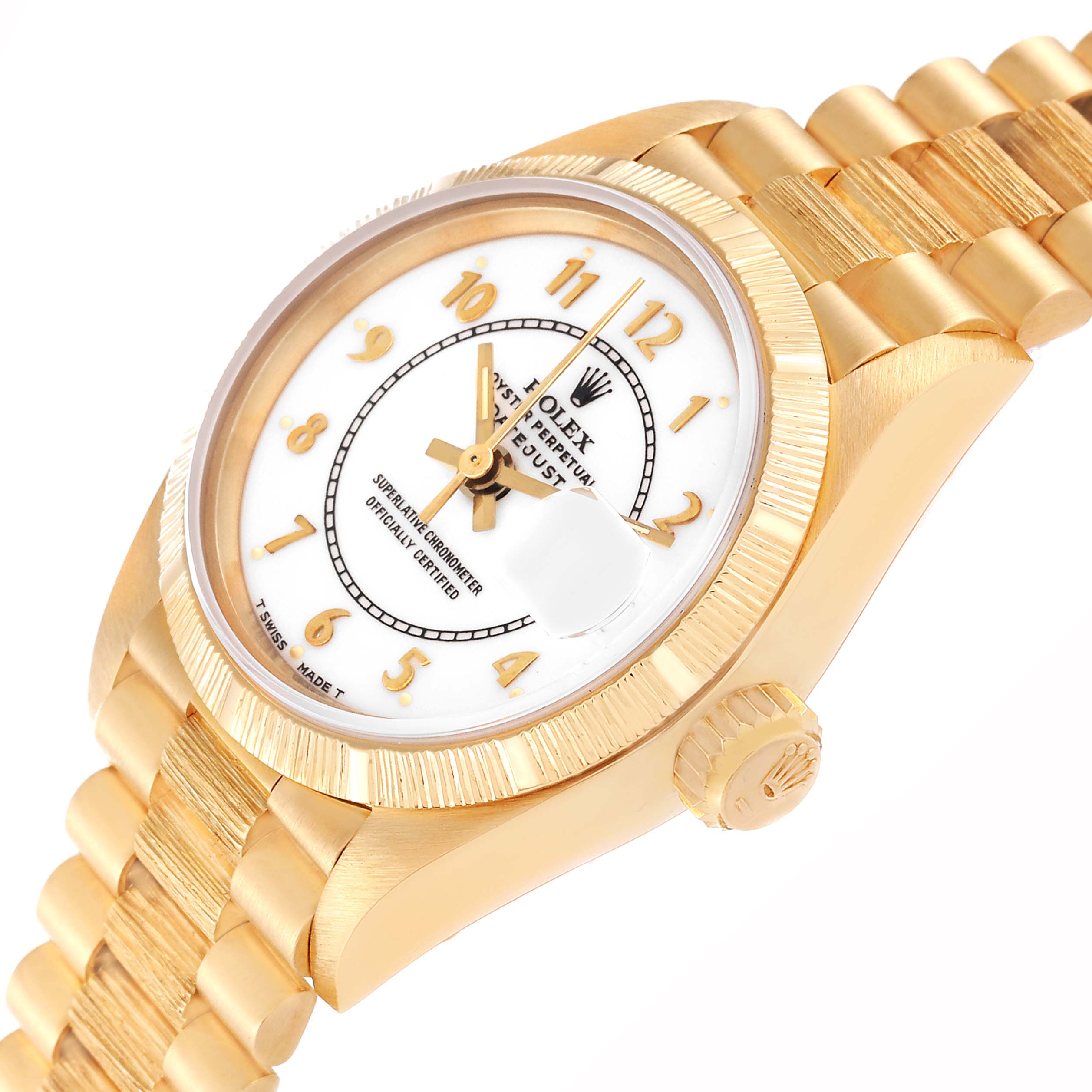 This image shows a Rolex President 69278 Women's Yellow Gold White Dial 69278 Women's Yellow Gold White Dial model watch at a slight angle, highlighting the face, bezel, crown, and part of the bracelet.