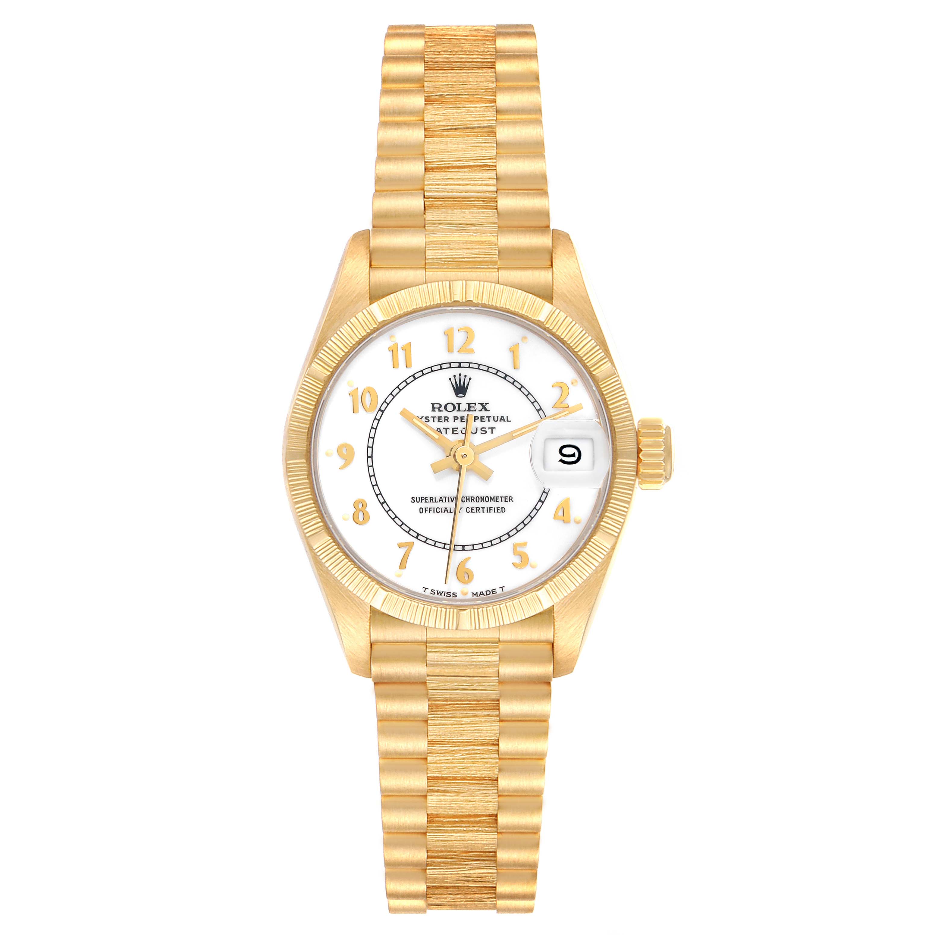 The image shows a front view of the Rolex President 69278 Women's Yellow Gold White Dial 69278 Women's Yellow Gold White Dial model watch, featuring its gold case, gold bracelet, and white dial with date.