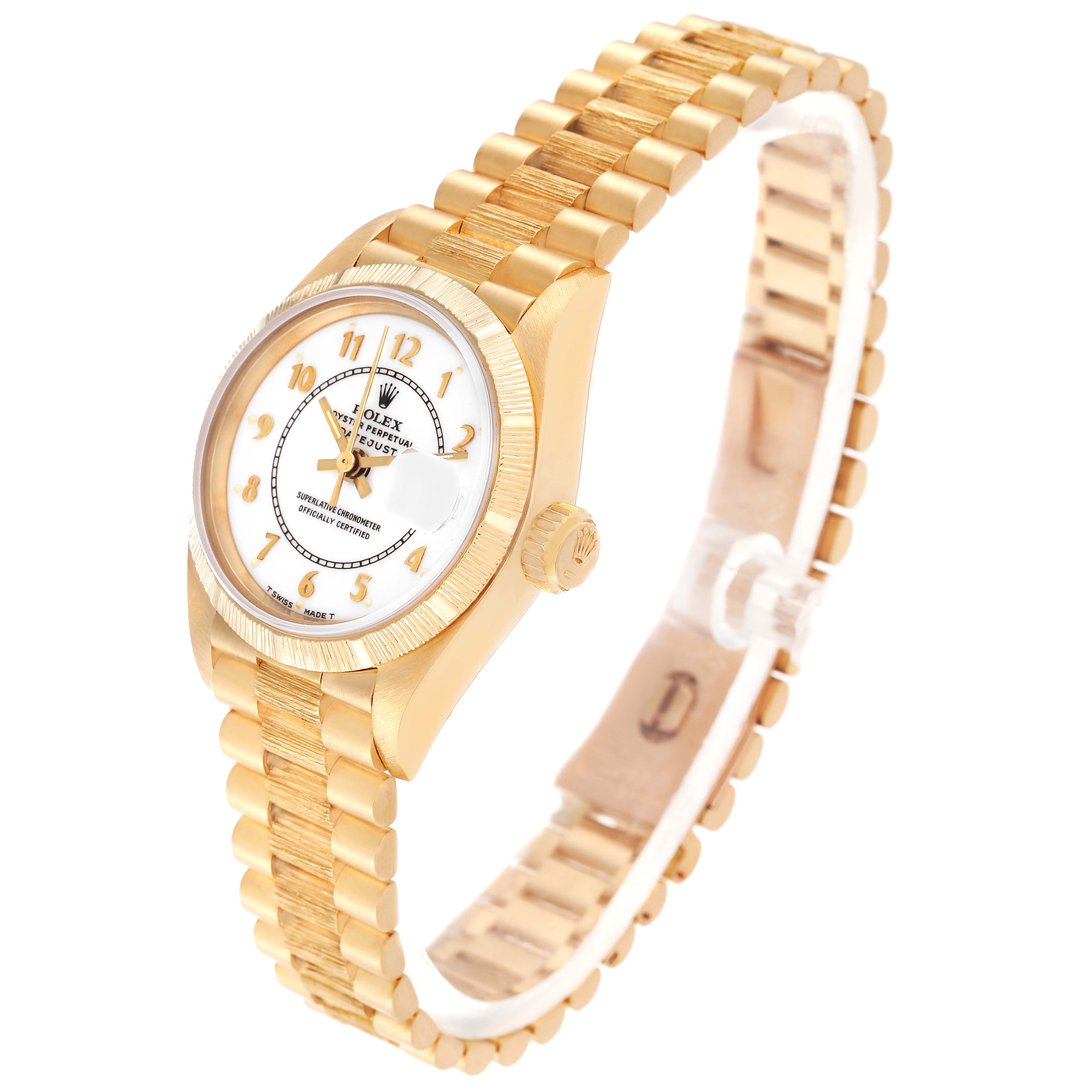 This image shows a Rolex President 69278 Women's Yellow Gold White Dial 69278 Women's Yellow Gold White Dial model watch from a three-quarter angle, displaying the face, crown, and bracelet.