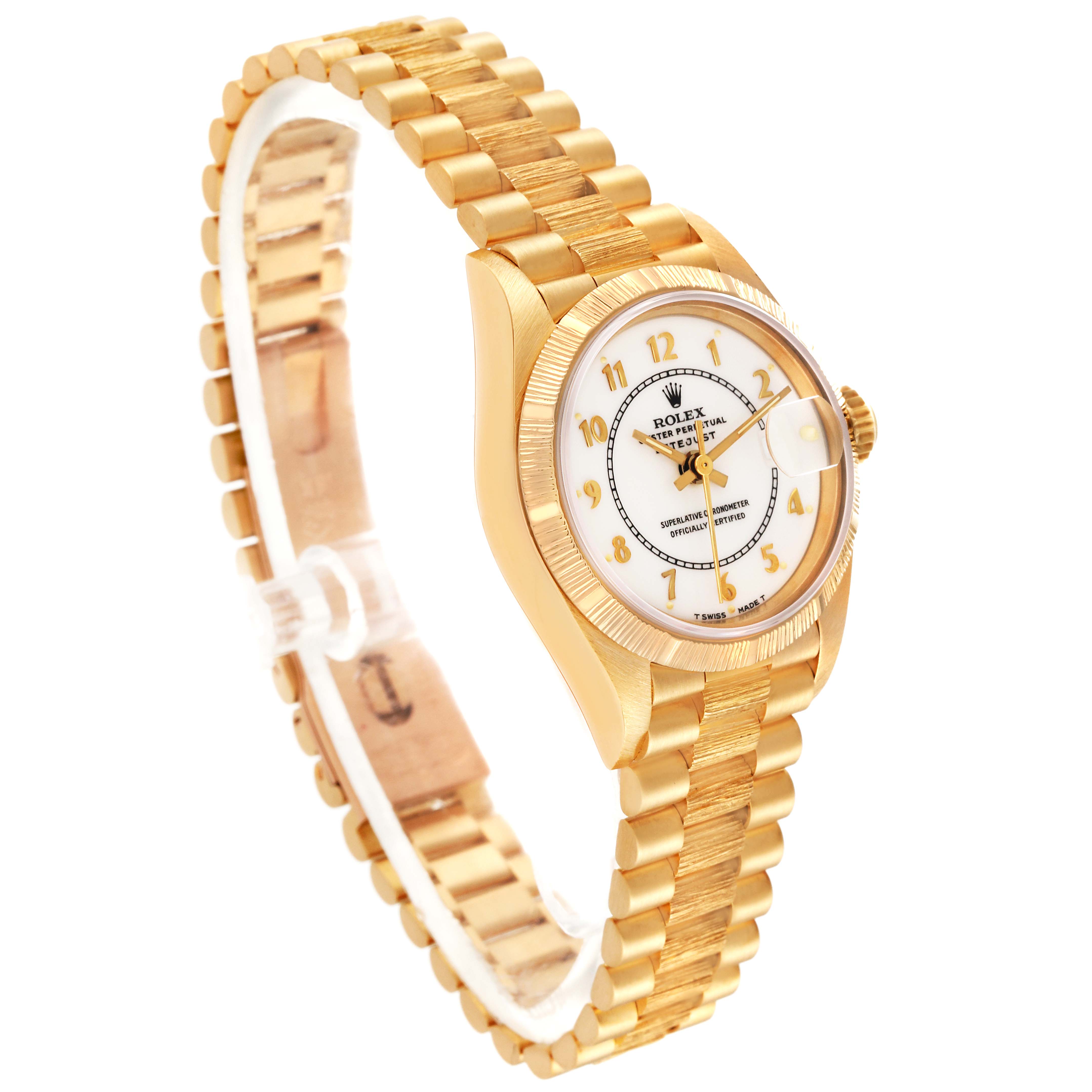 The Rolex President 69278 Women's Yellow Gold White Dial 69278 Women's Yellow Gold White Dial model watch is shown from an angled perspective, displaying its gold bracelet, dial, and case.