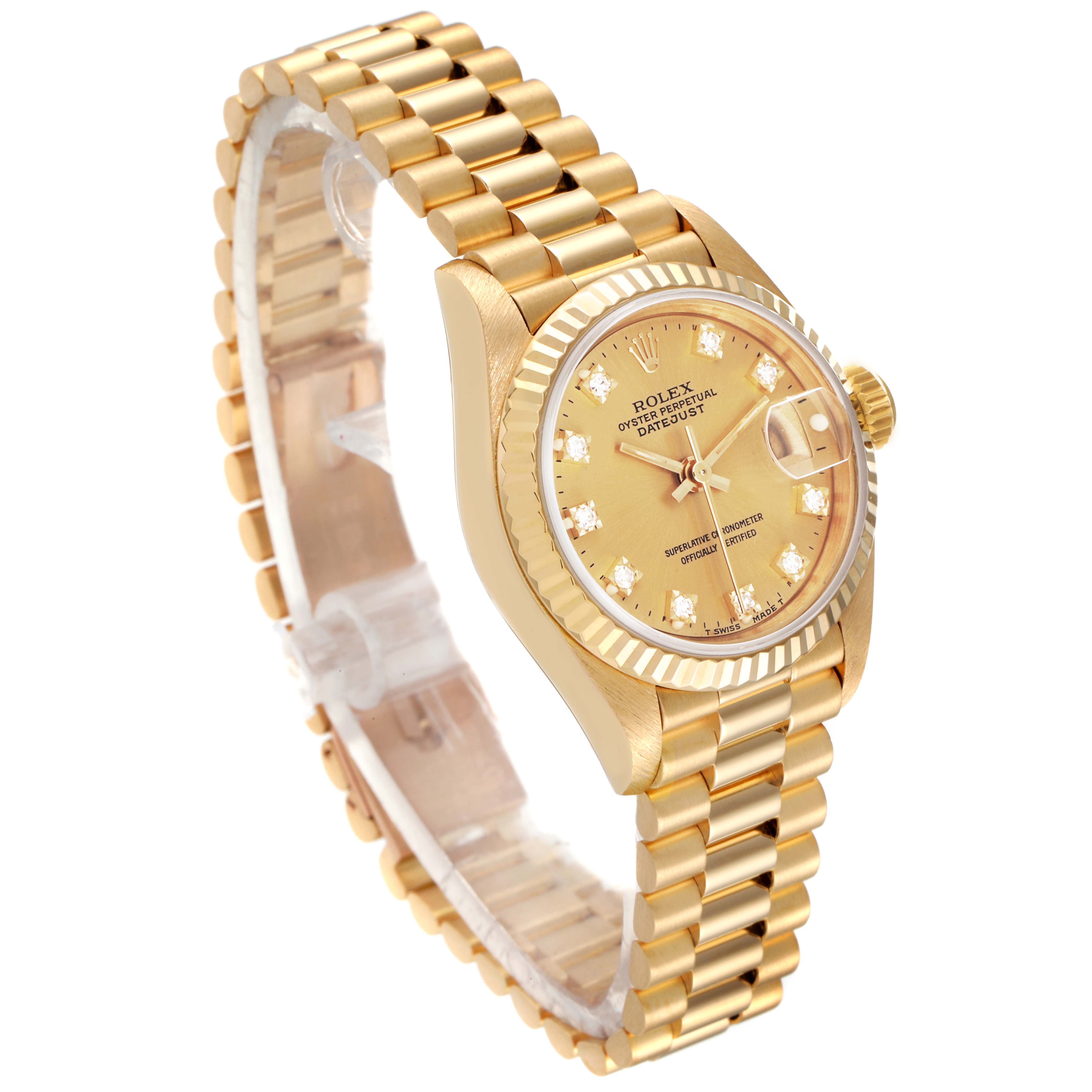 This image shows a side angle of a Rolex President 69178 Women
s Yellow Gold Champagne Dial 69178 Women
s Yellow Gold Champagne Dial model watch, highlighting the gold band, case, and dial with date display.