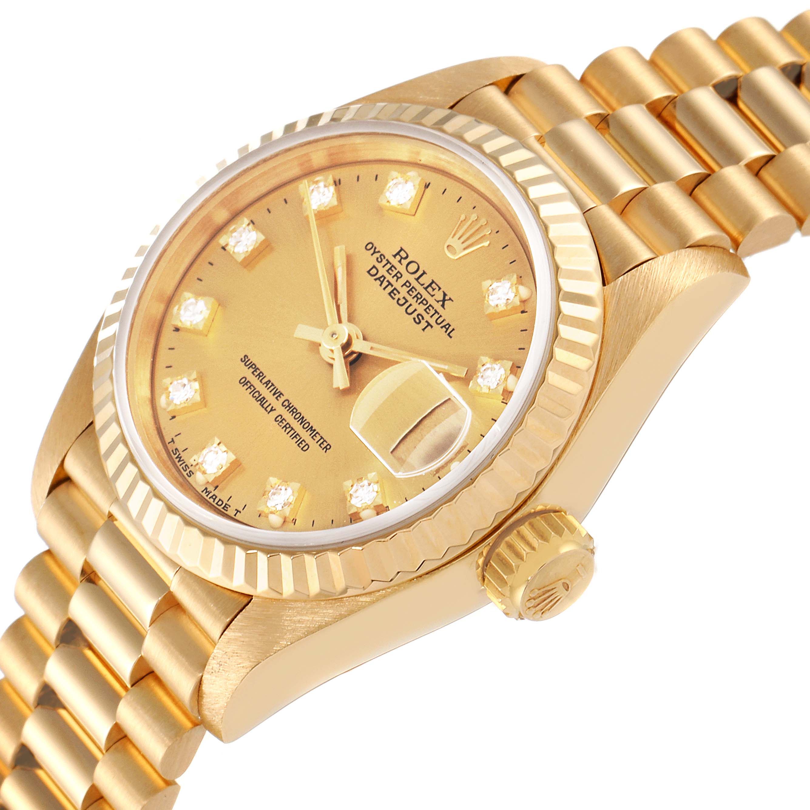 This image shows a close-up angled view of the Rolex President 69178 Women
s Yellow Gold Champagne Dial 69178 Women
s Yellow Gold Champagne Dial model watch, highlighting its gold dial, diamond markers, and bracelet.