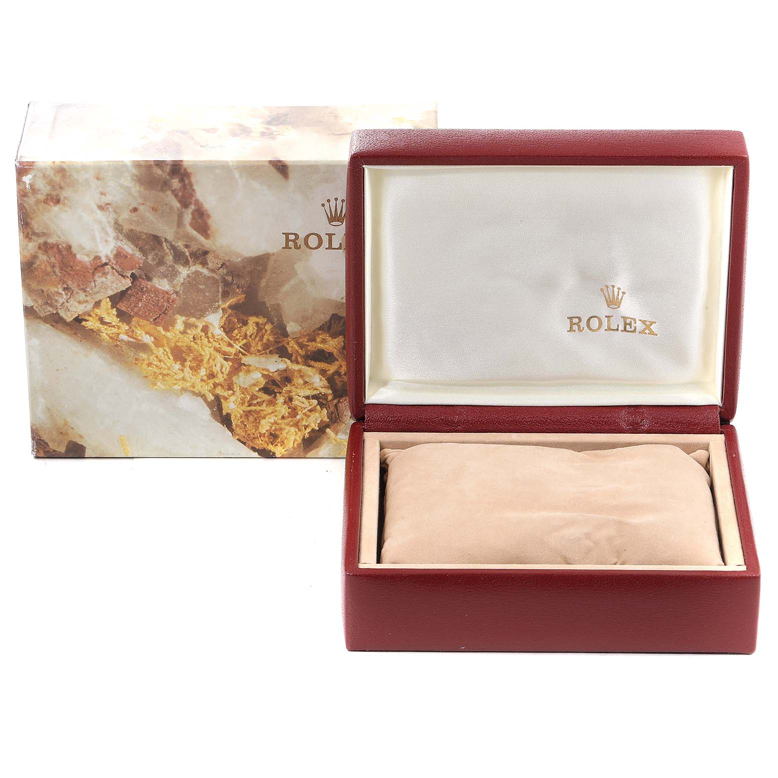 The image shows a Rolex President 69178 Women
s Yellow Gold Champagne Dial 69178 Women
s Yellow Gold Champagne Dial model watch box and cushion, with the box lid open, displaying the "Rolex" logo inside.