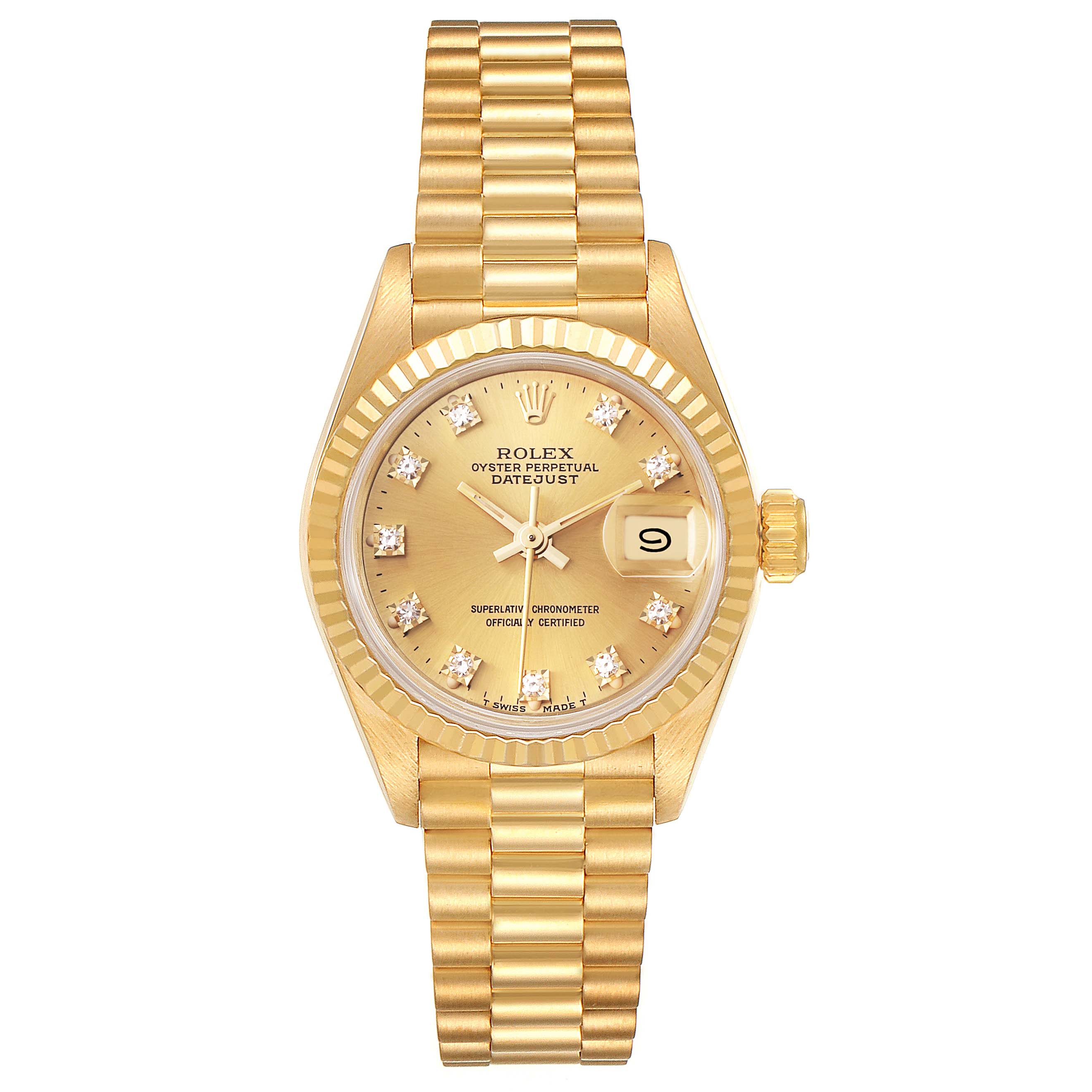 The image shows a front view of a Rolex President 69178 Women
s Yellow Gold Champagne Dial 69178 Women
s Yellow Gold Champagne Dial model watch, displaying the dial, bezel, crown, and bracelet.