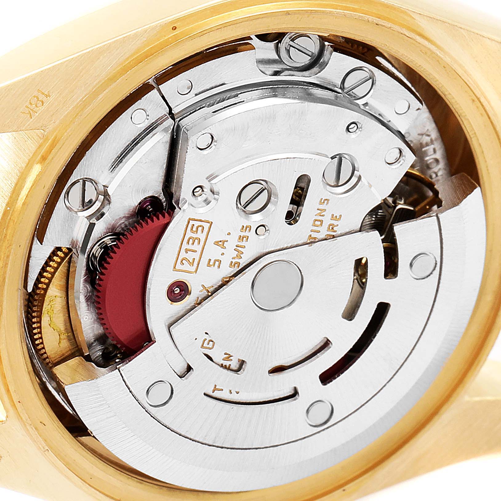 This image shows a close-up view of the mechanical movement inside a Rolex President 69178 Women
s Yellow Gold Champagne Dial 69178 Women
s Yellow Gold Champagne Dial model watch.