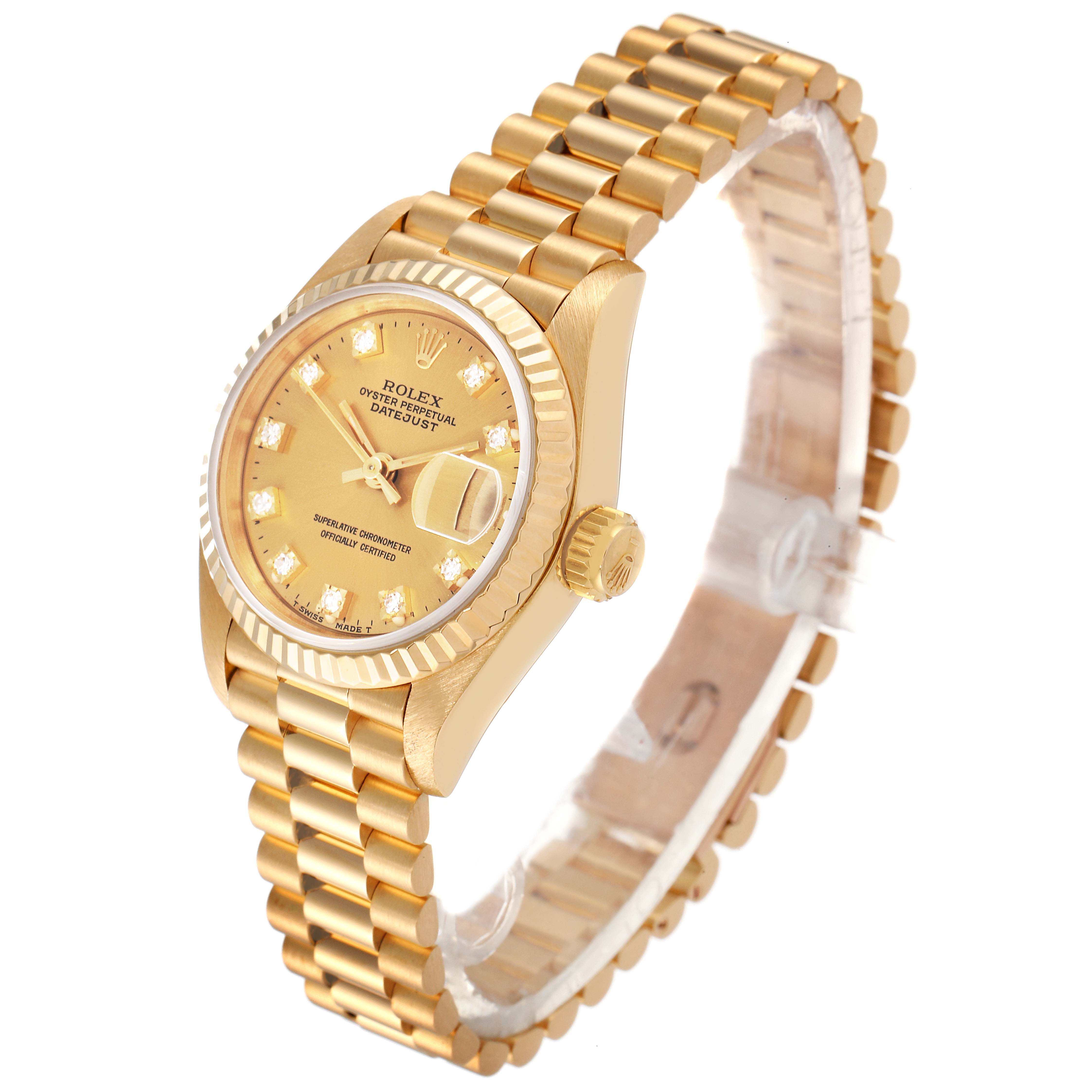 The image shows a Rolex President 69178 Women
s Yellow Gold Champagne Dial 69178 Women
s Yellow Gold Champagne Dial model watch at a side angle, highlighting its gold case, bracelet, and diamond hour markers.
