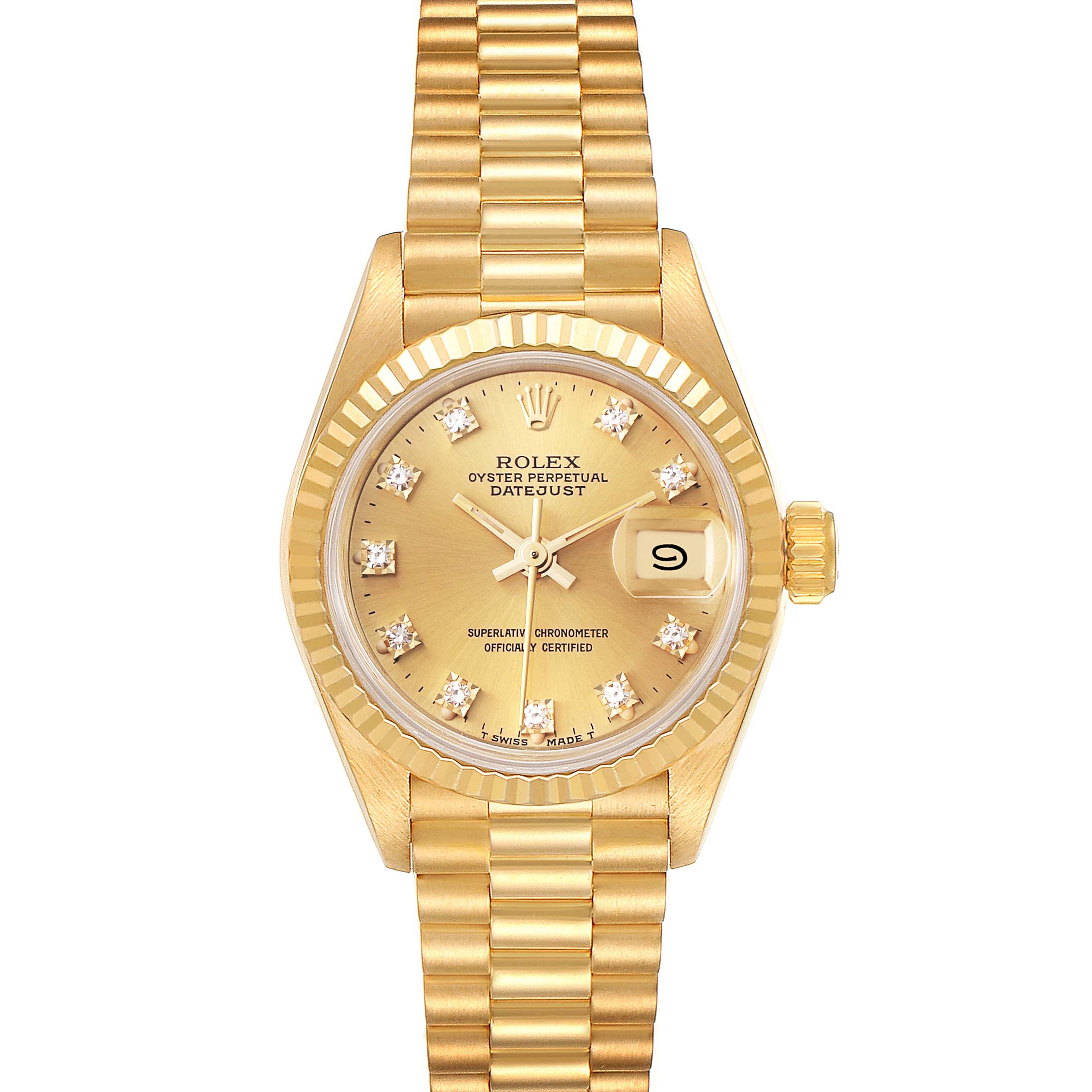 The Rolex President 69178 Women
s Yellow Gold Champagne Dial 69178 Women
s Yellow Gold Champagne Dial model is shown from the front, displaying the full dial, fluted bezel, and part of the bracelet.