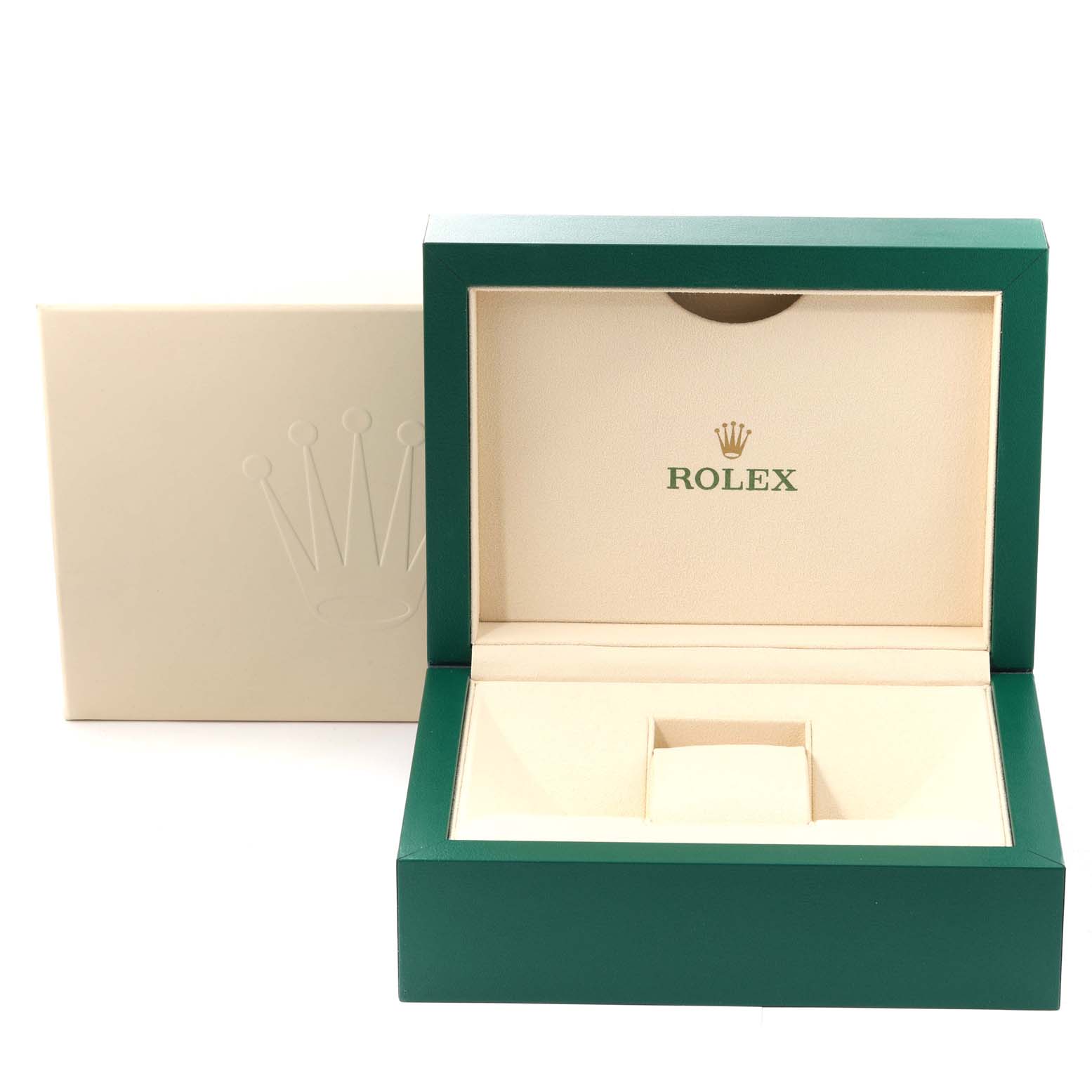 This image displays an open green and beige box for the Rolex President 118239 Men's White Gold Silver Dial 118239 Men's White Gold Silver Dial model watch, with the logo prominently inside the lid.