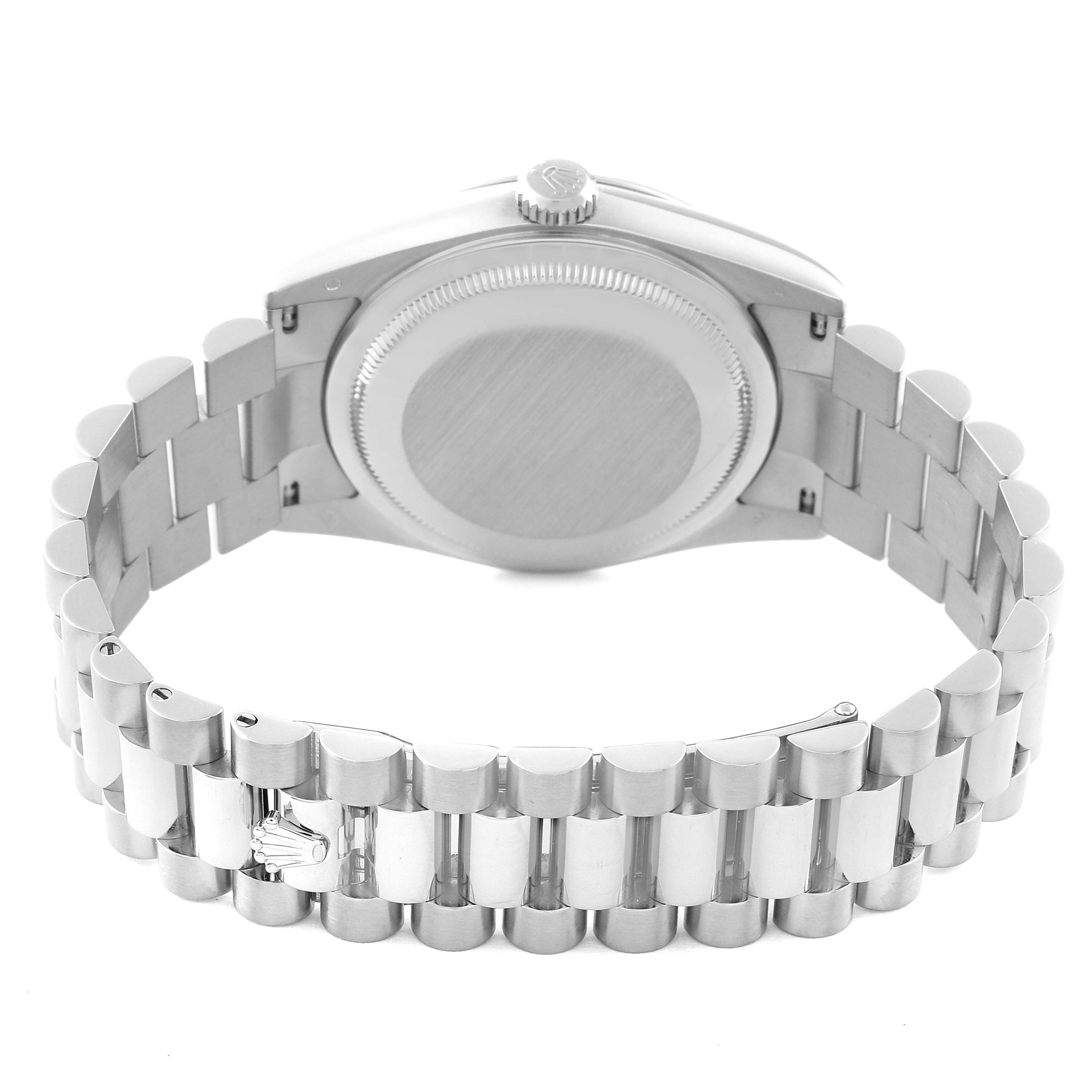 The image shows the back view of the Rolex President 118239 Men's White Gold Silver Dial 118239 Men's White Gold Silver Dial model watch, highlighting its bracelet and case back.