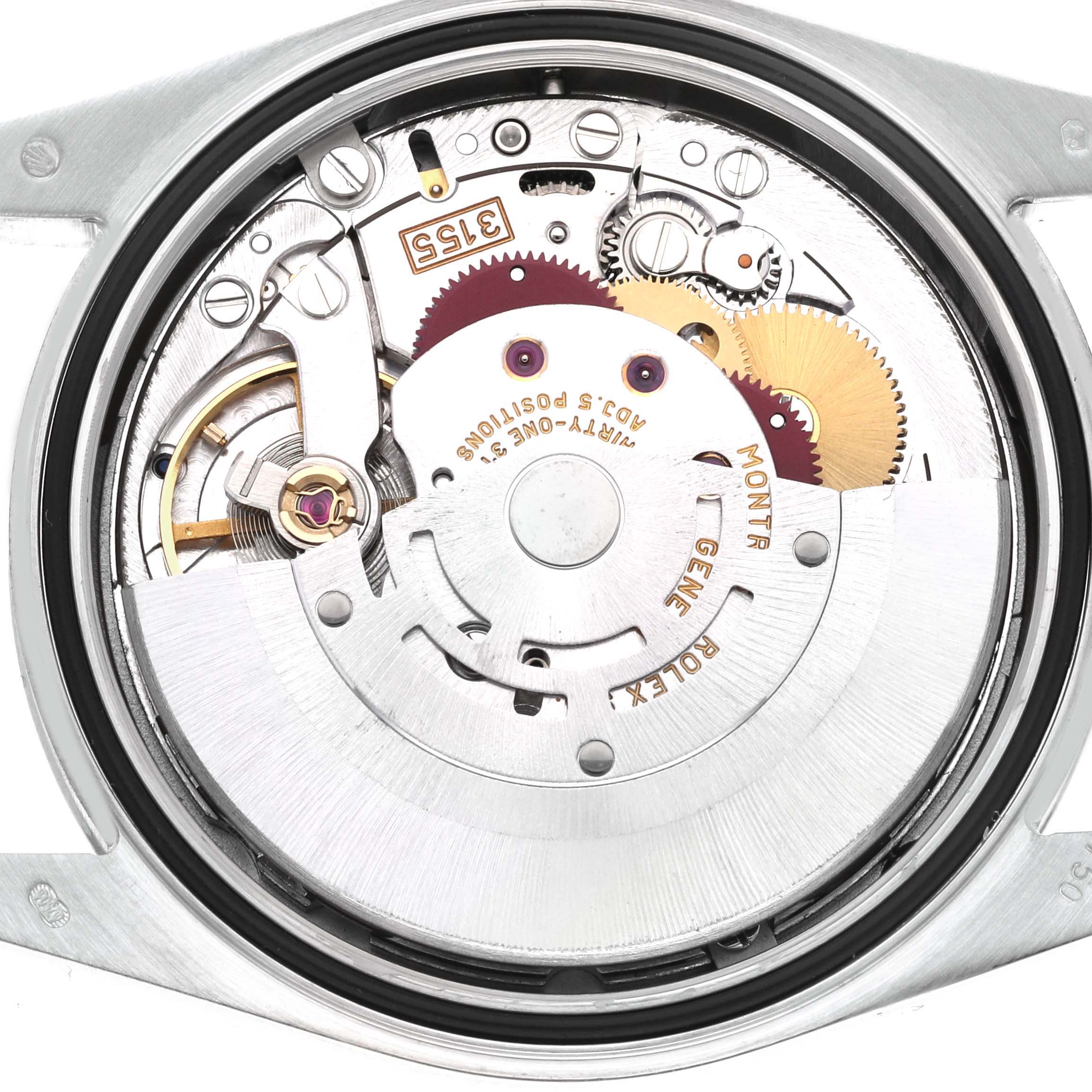 The image shows the internal mechanism and movement of a Rolex President 118239 Men's White Gold Silver Dial 118239 Men's White Gold Silver Dial model watch from a top-down angle.