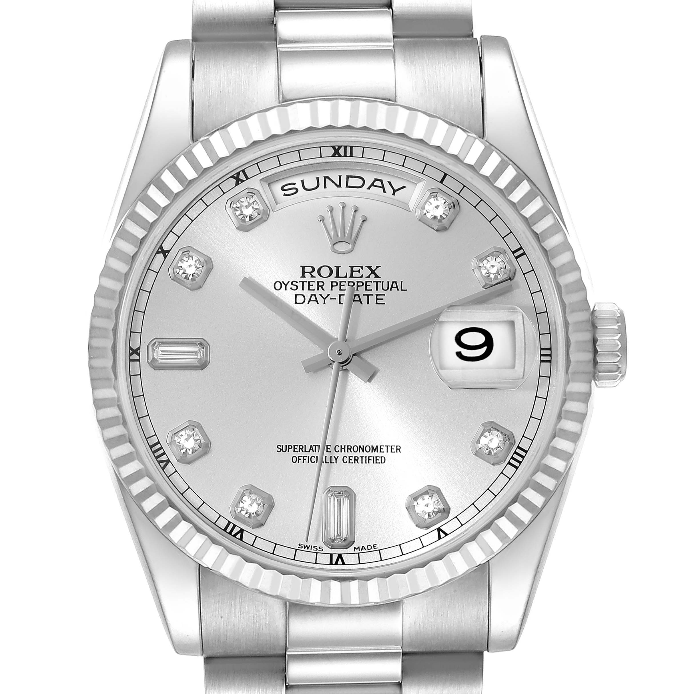 The image shows a front view of the Rolex President 118239 Men's White Gold Silver Dial 118239 Men's White Gold Silver Dial model watch, highlighting its face, bracelet, and date window.