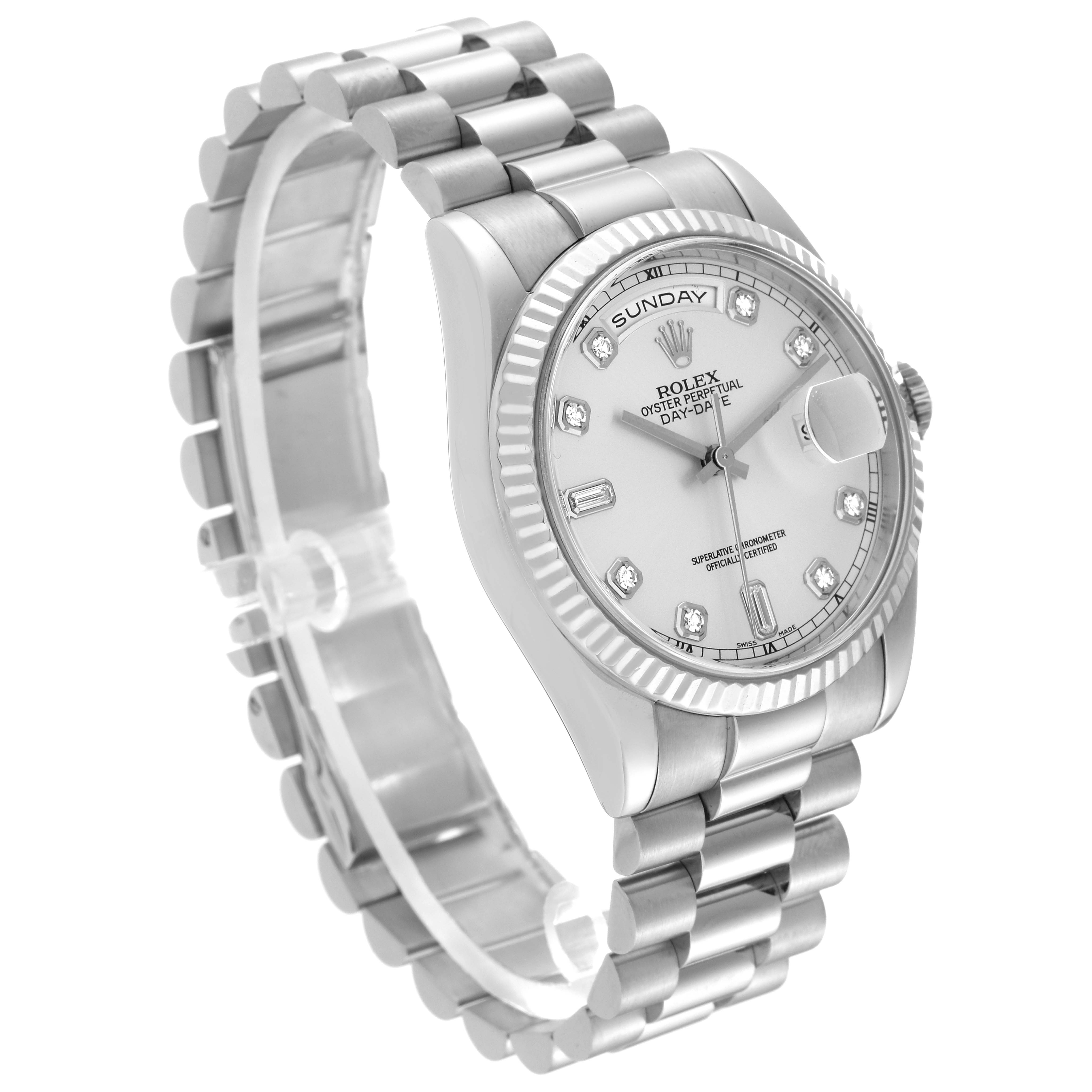 The image shows a Rolex President 118239 Men's White Gold Silver Dial 118239 Men's White Gold Silver Dial model watch from an angled view, highlighting its face, bracelet, and fluted bezel.