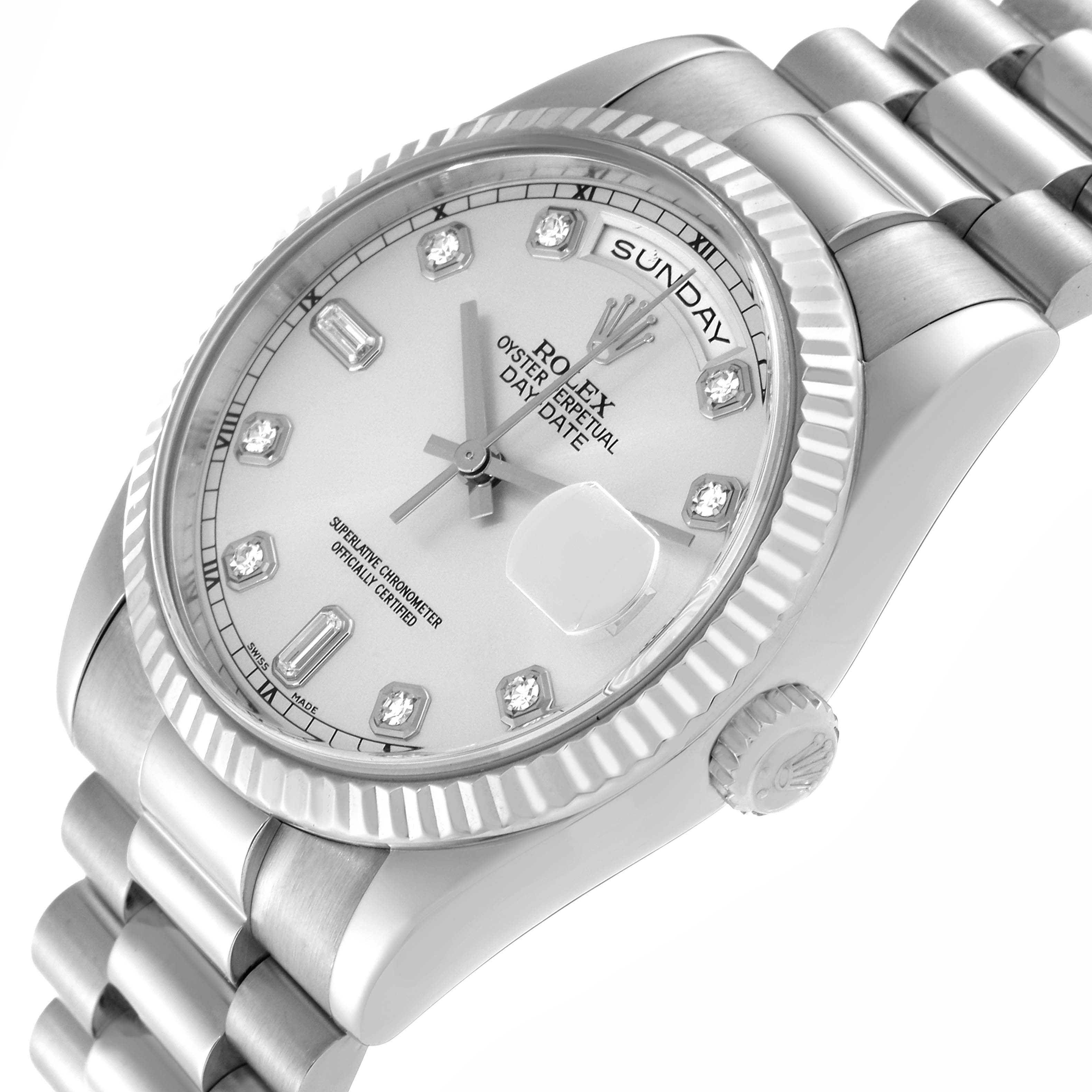 This image shows a Rolex President 118239 Men's White Gold Silver Dial 118239 Men's White Gold Silver Dial watch angled to display the dial, bezel, crown, and part of the bracelet.