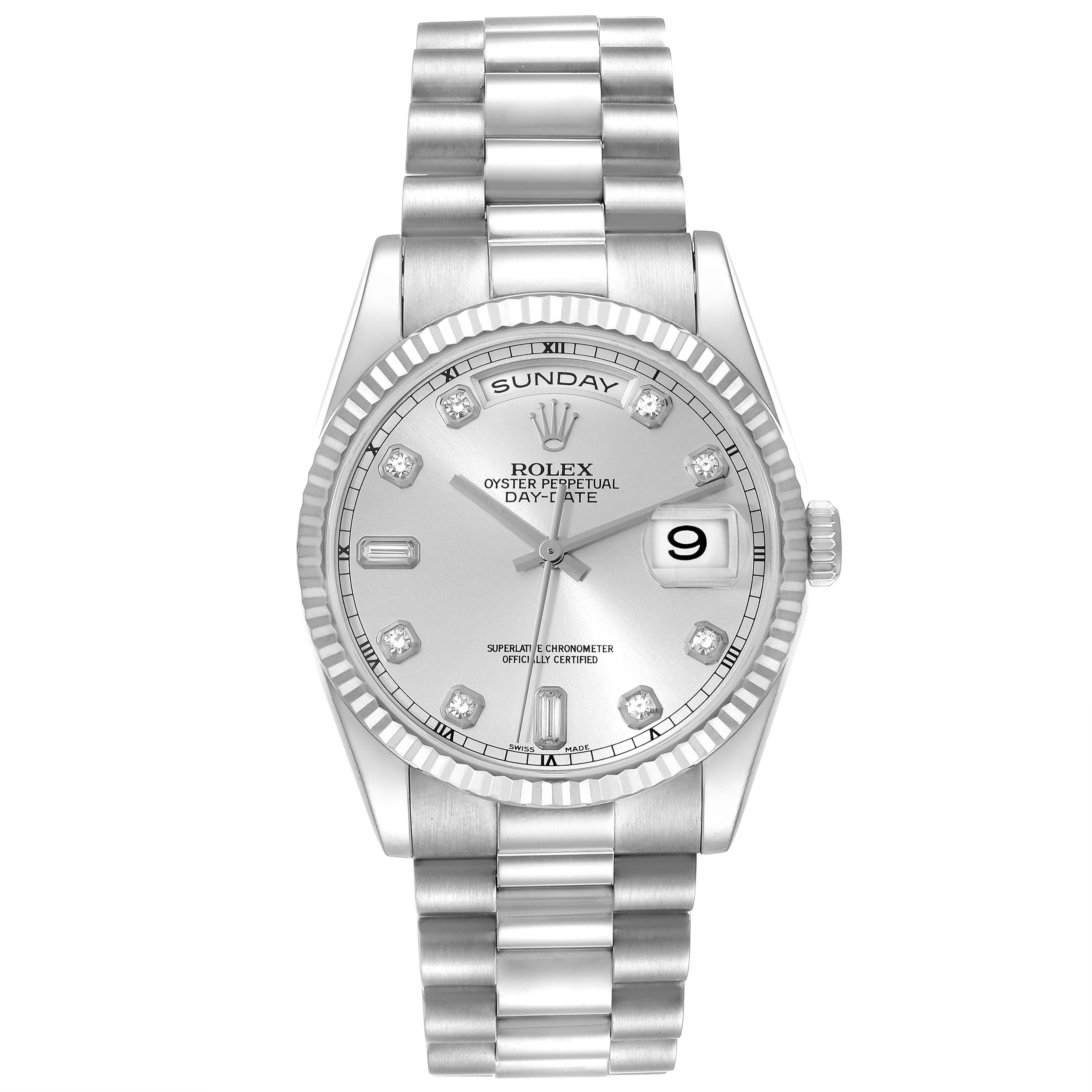 The image shows a front view of the Rolex President 118239 Men's White Gold Silver Dial 118239 Men's White Gold Silver Dial model watch, highlighting the dial, bezel, and bracelet.