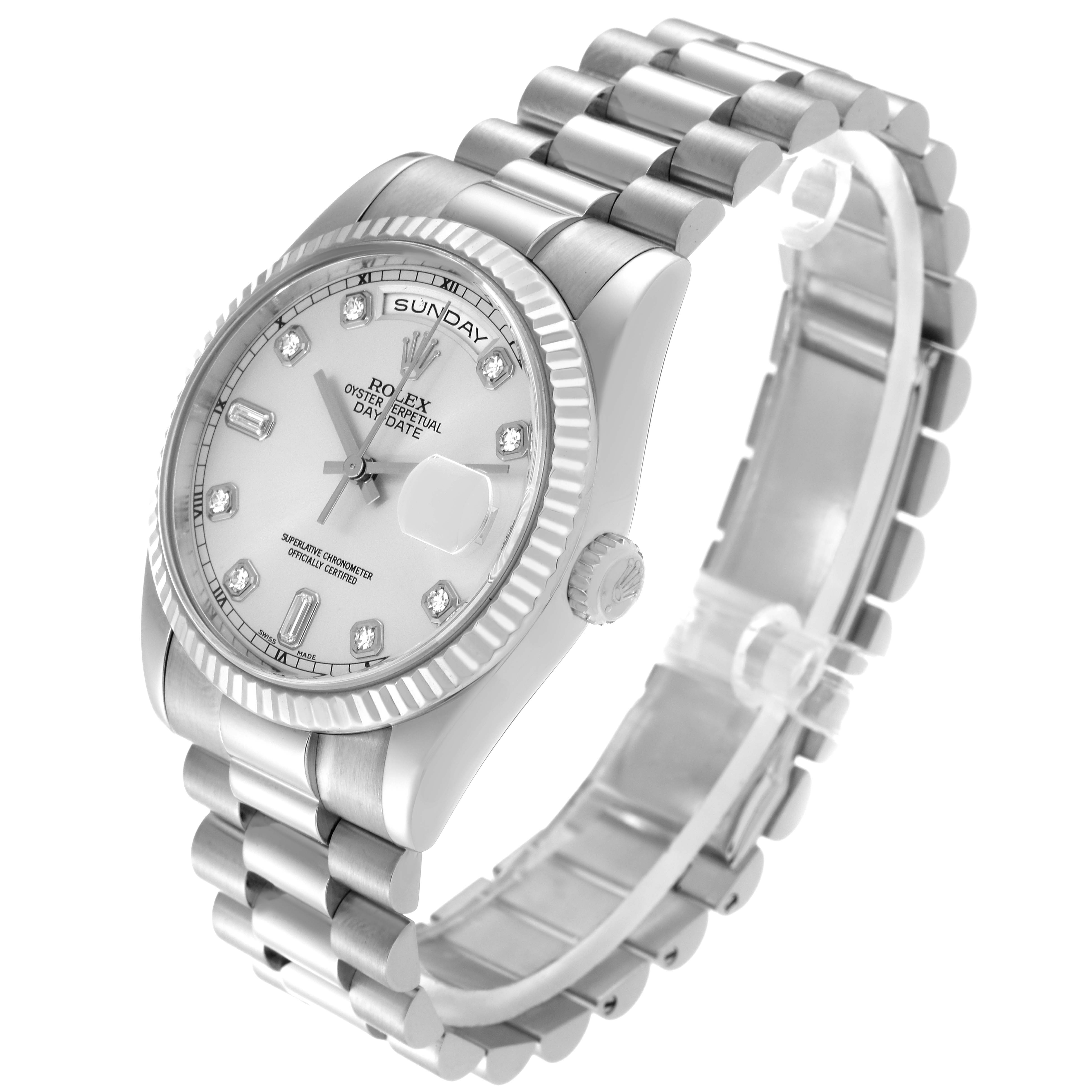 The image shows a Rolex President 118239 Men's White Gold Silver Dial 118239 Men's White Gold Silver Dial model watch from an angled perspective, displaying the dial, bezel, bracelet, and crown.