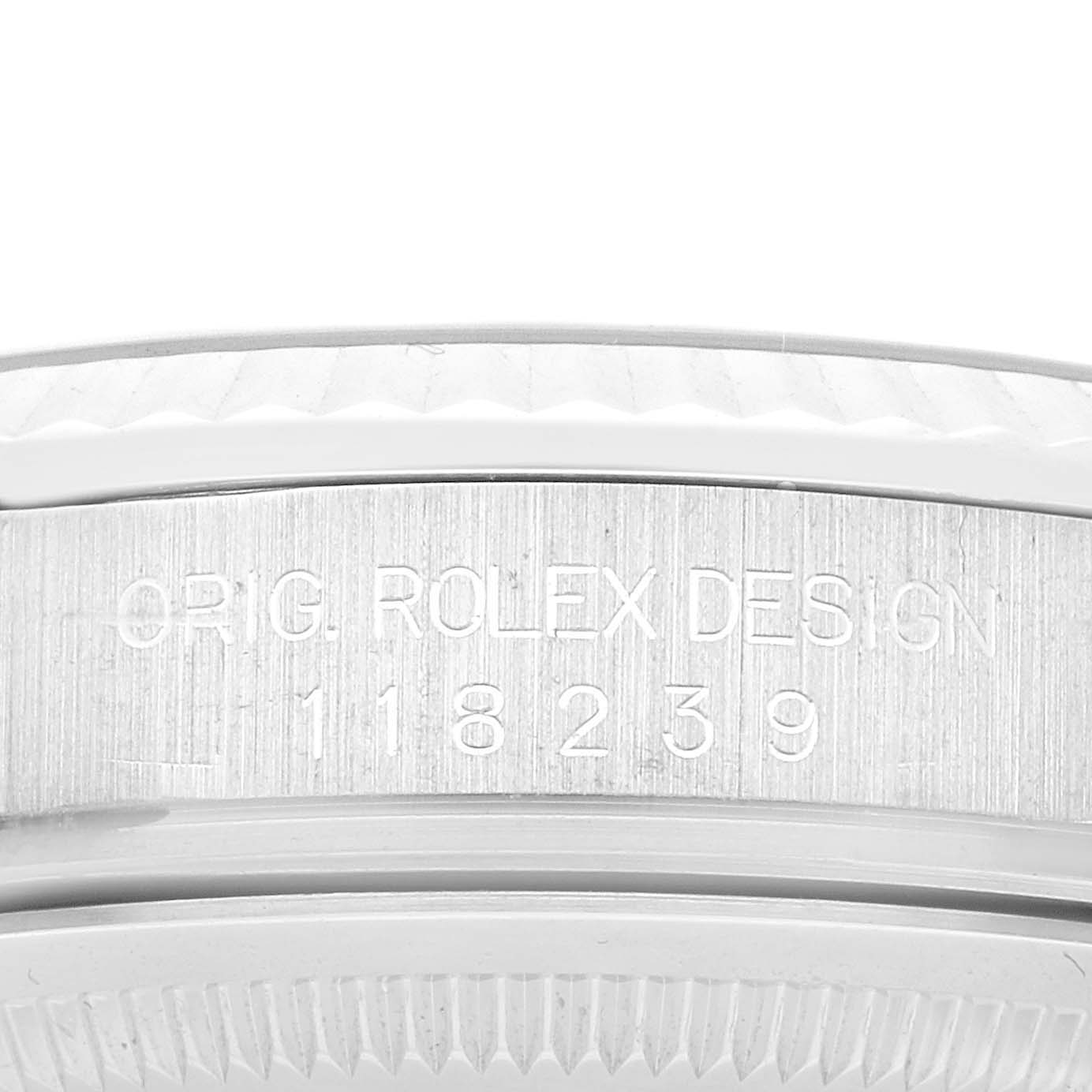 The image shows a close-up of the side of the case of a Rolex President 118239 Men's White Gold Silver Dial 118239 Men's White Gold Silver Dial model, including the engraved model number.