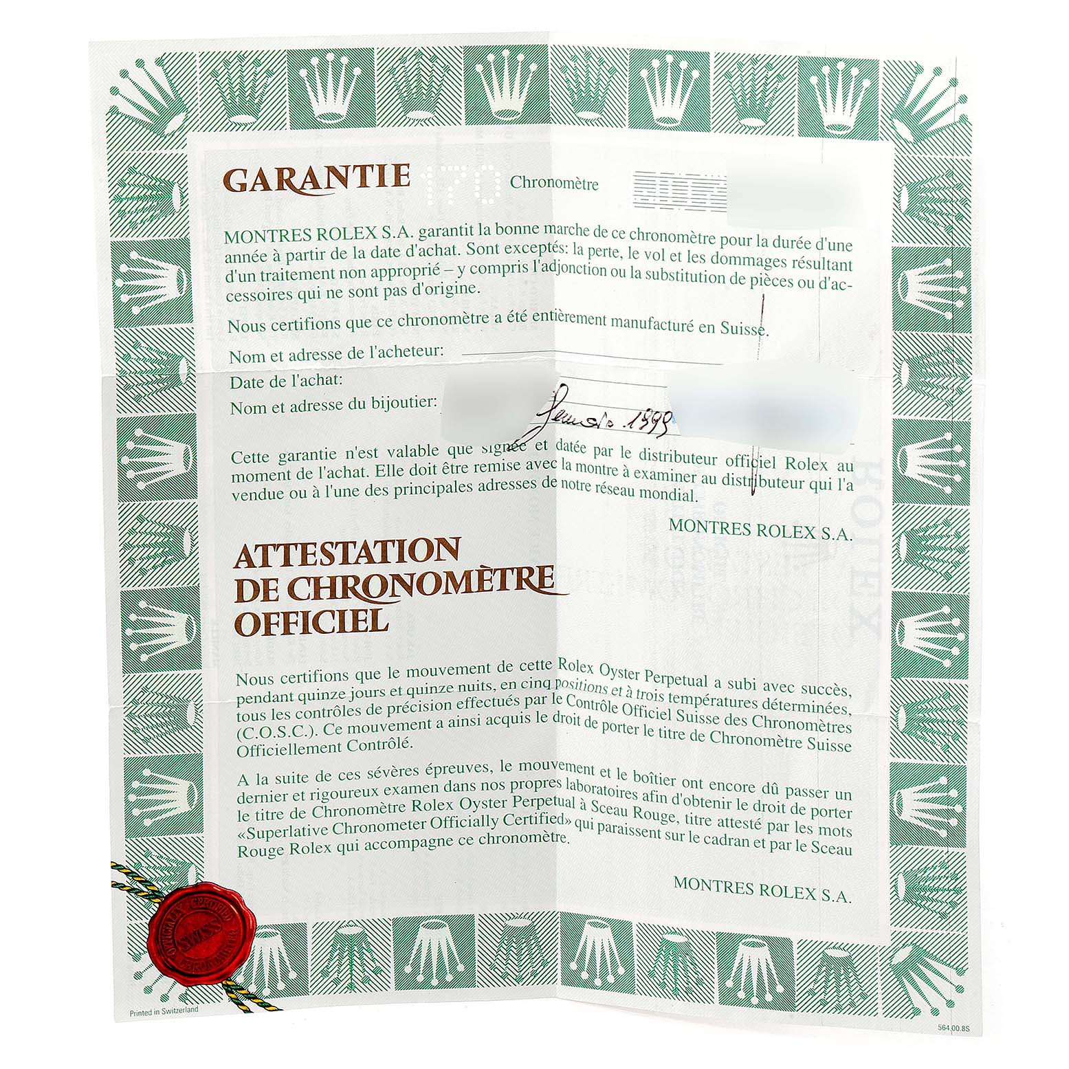 This image shows a warranty certificate for the Rolex President 69159 Women
s White Gold Silver Dial 69159 Women
s White Gold Silver Dial model, featuring text and official seals.