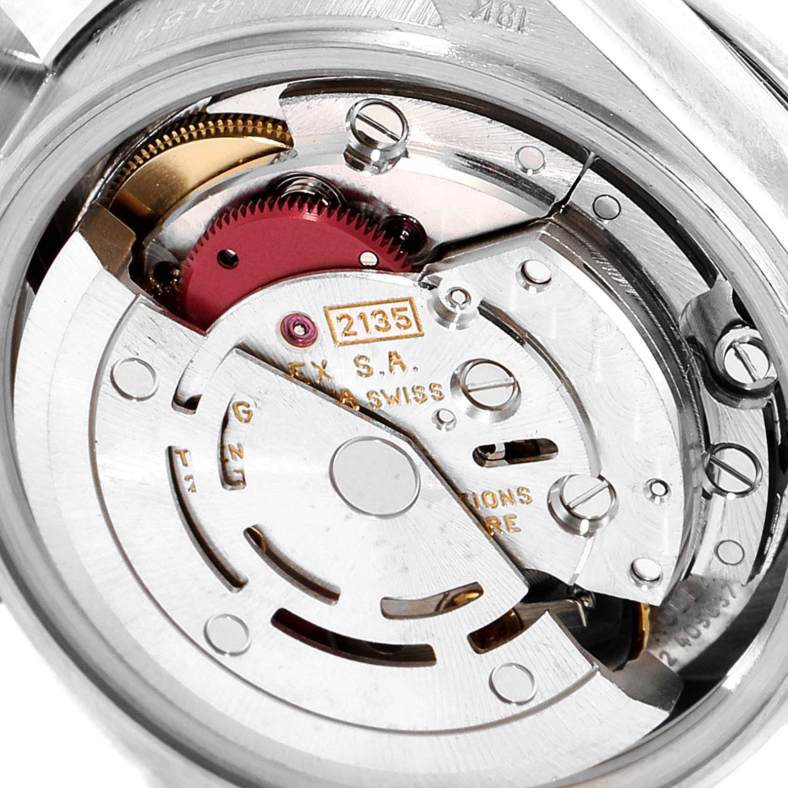 This close-up image shows the internal movement mechanism of a Rolex President 69159 Women
s White Gold Silver Dial 69159 Women
s White Gold Silver Dial model watch.