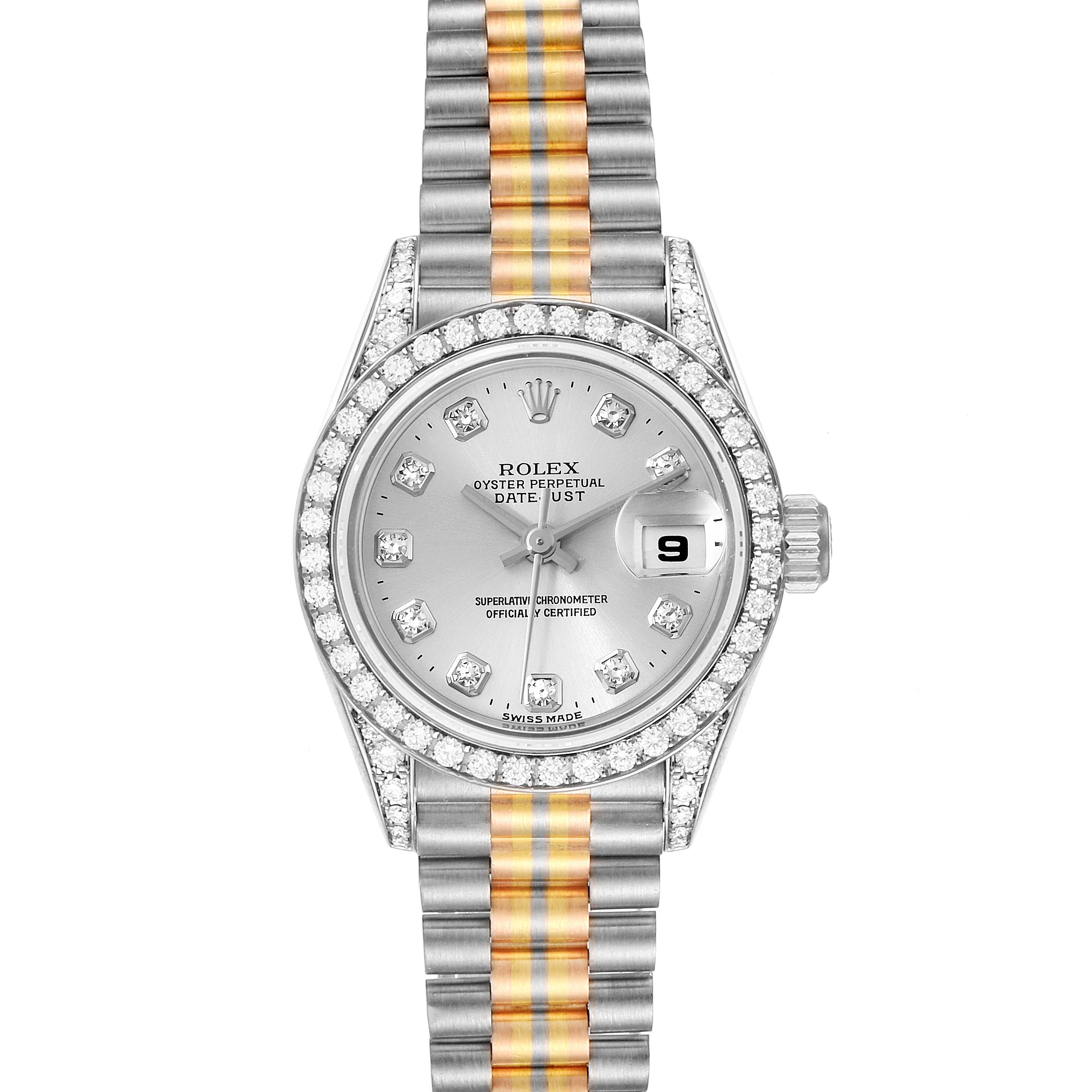 This Rolex President 69159 Women
s White Gold Silver Dial 69159 Women
s White Gold Silver Dial model watch is shown from the front, displaying its diamond bezel, silver dial, date window, and two-tone bracelet.