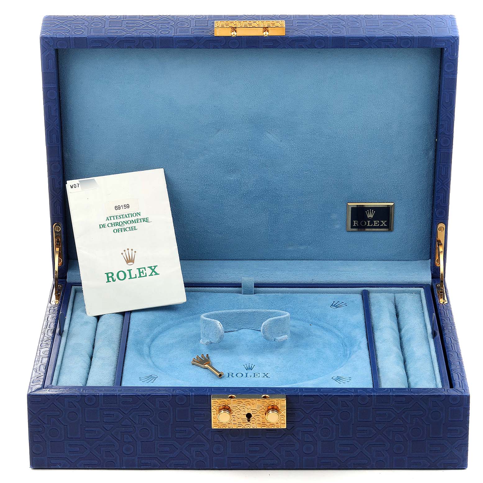 The image shows the open box and accessories for a Rolex President 69159 Women
s White Gold Silver Dial 69159 Women
s White Gold Silver Dial model watch, including documentation and display parts.