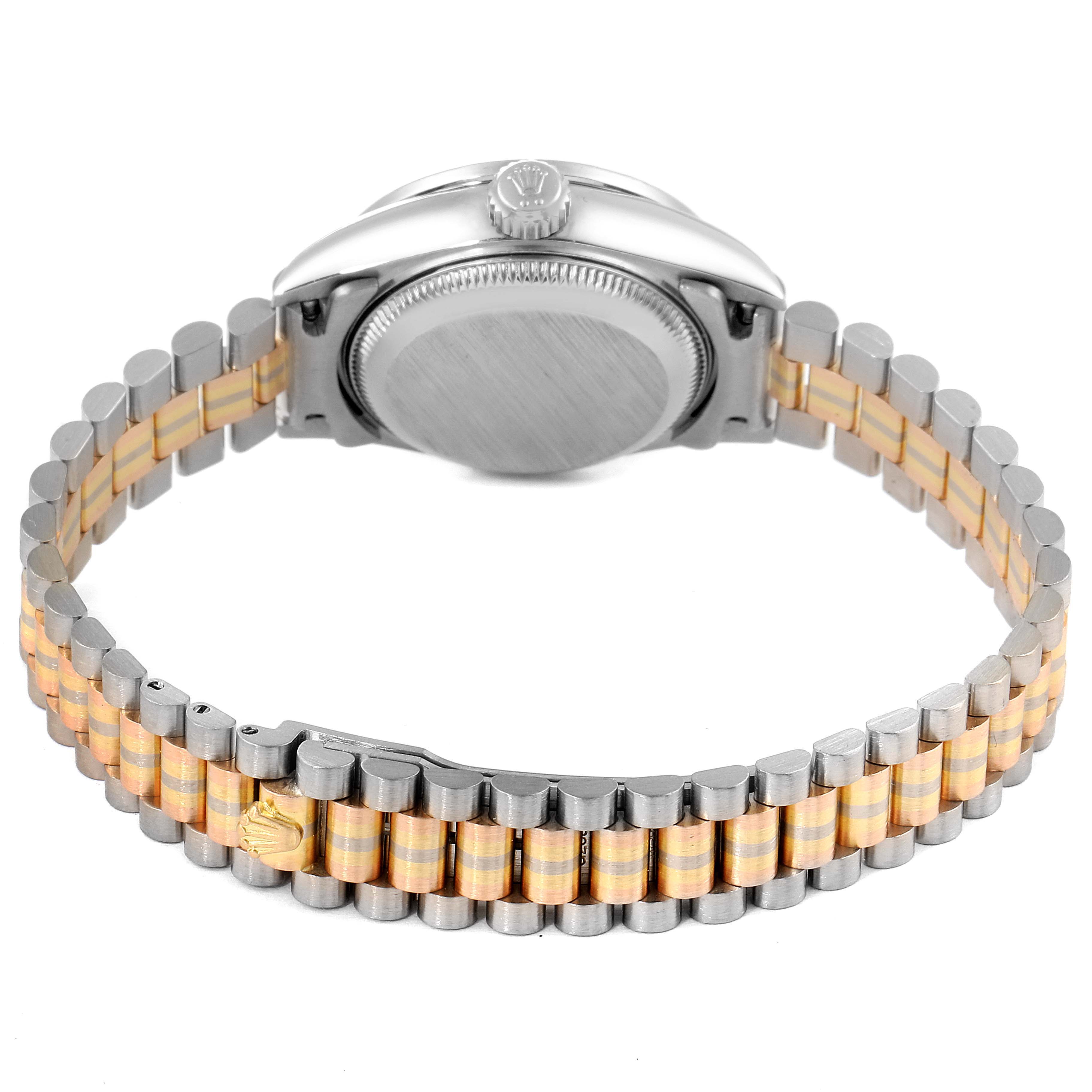 This image shows the back case and the jubilee bracelet of the Rolex President 69159 Women
s White Gold Silver Dial 69159 Women
s White Gold Silver Dial model watch from a rear angle.