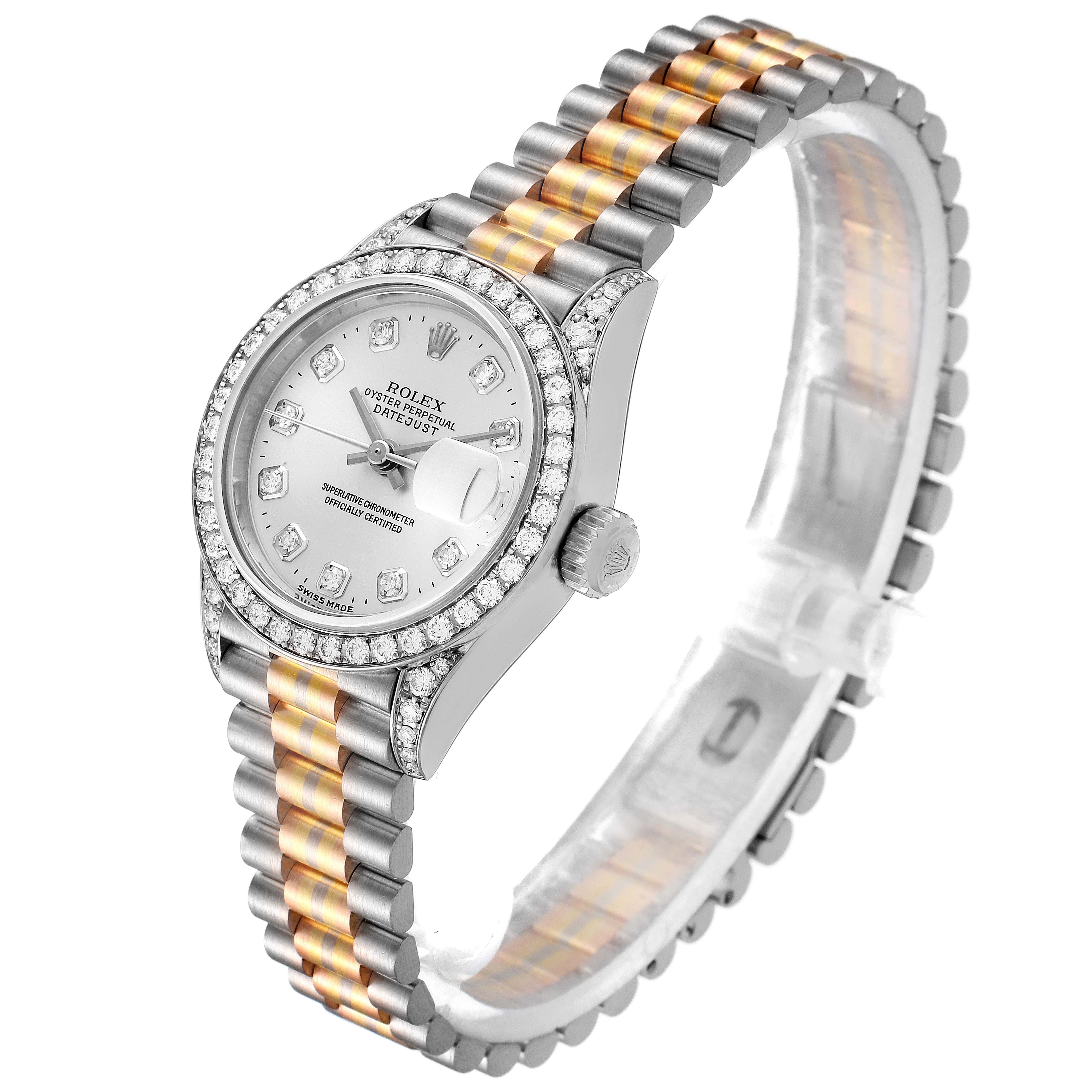 The image shows a side view of a Rolex President 69159 Women
s White Gold Silver Dial 69159 Women
s White Gold Silver Dial model watch, showcasing the face, bezel, and two-tone bracelet.