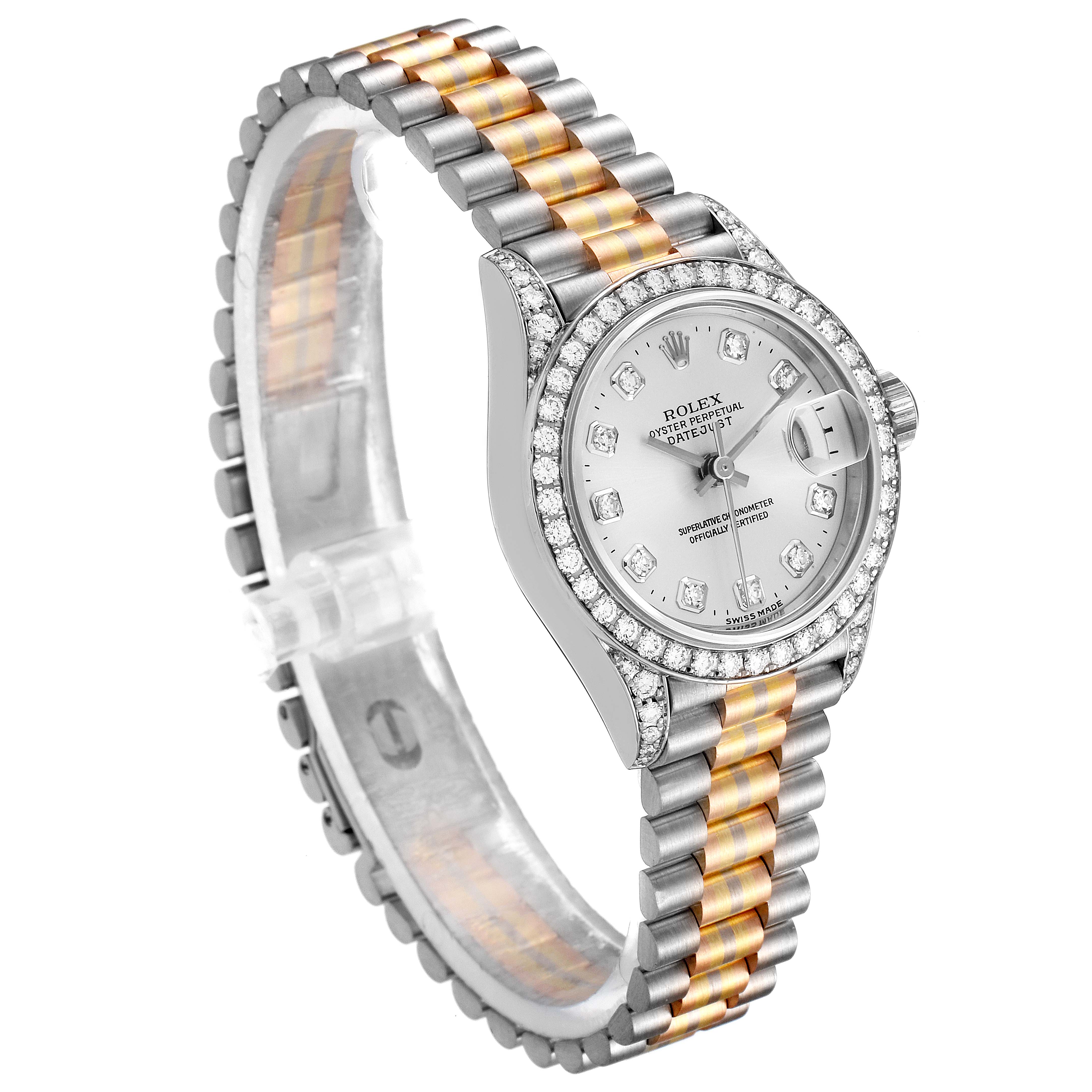 This image shows a Rolex President 69159 Women
s White Gold Silver Dial 69159 Women
s White Gold Silver Dial model watch at a three-quarter angle, highlighting the diamond-encrusted bezel, dial, and bracelet.