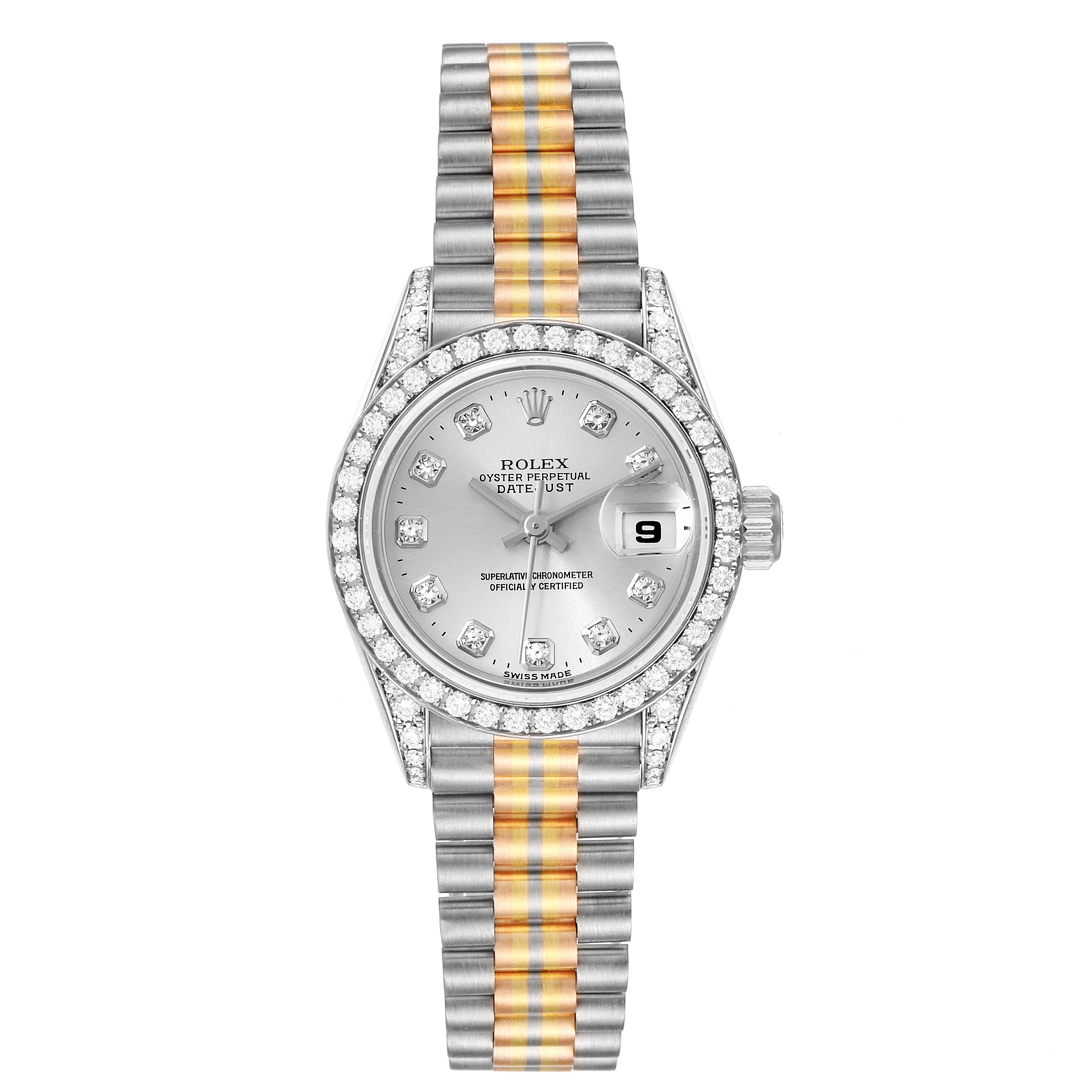 The image shows a frontal view of the Rolex President 69159 Women
s White Gold Silver Dial 69159 Women
s White Gold Silver Dial model watch, highlighting the bezel, dial, and bracelet with gold accents.
