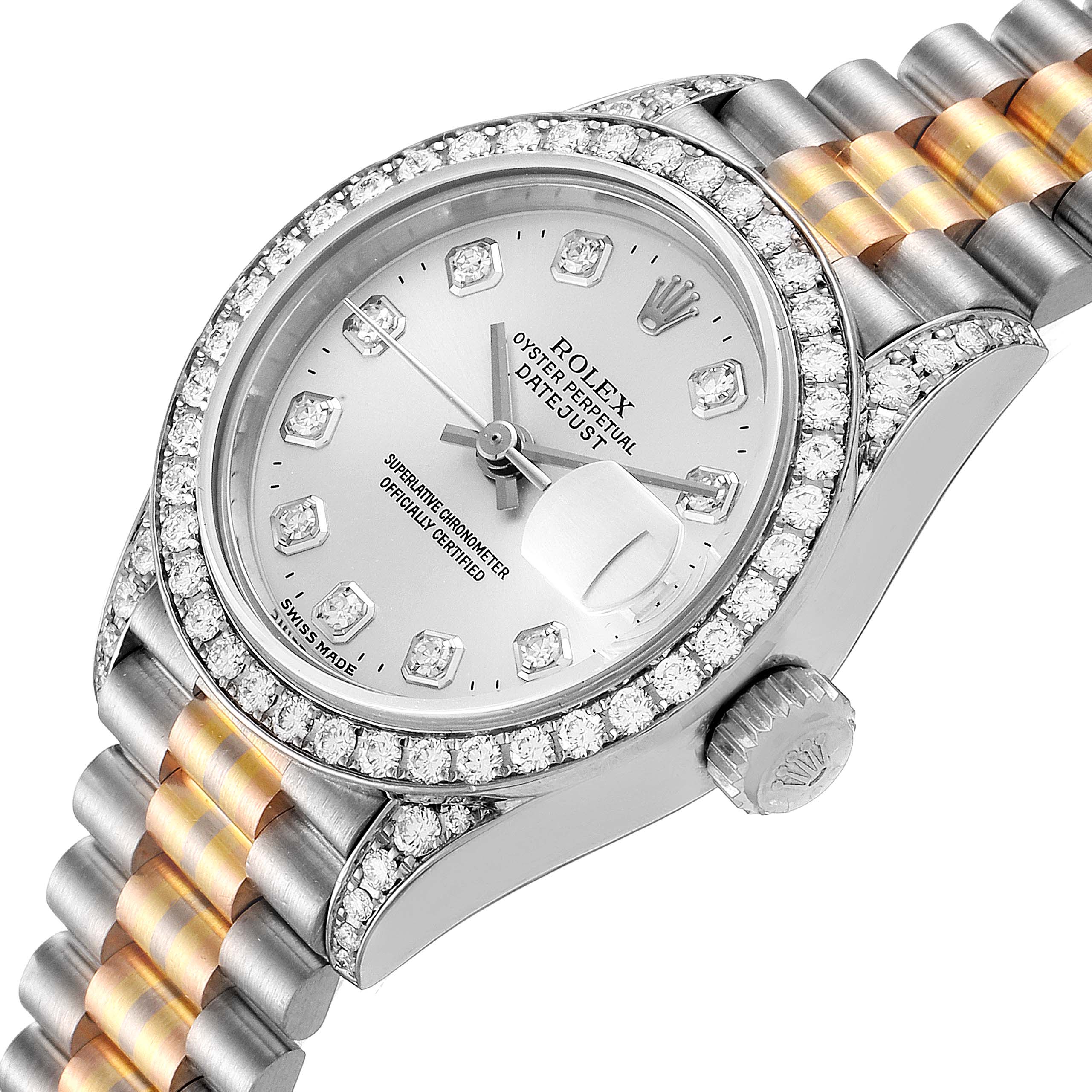 The image shows a Rolex President 69159 Women
s White Gold Silver Dial 69159 Women
s White Gold Silver Dial model watch at an angled view, highlighting its diamond-encrusted bezel, dial, and two-tone bracelet.