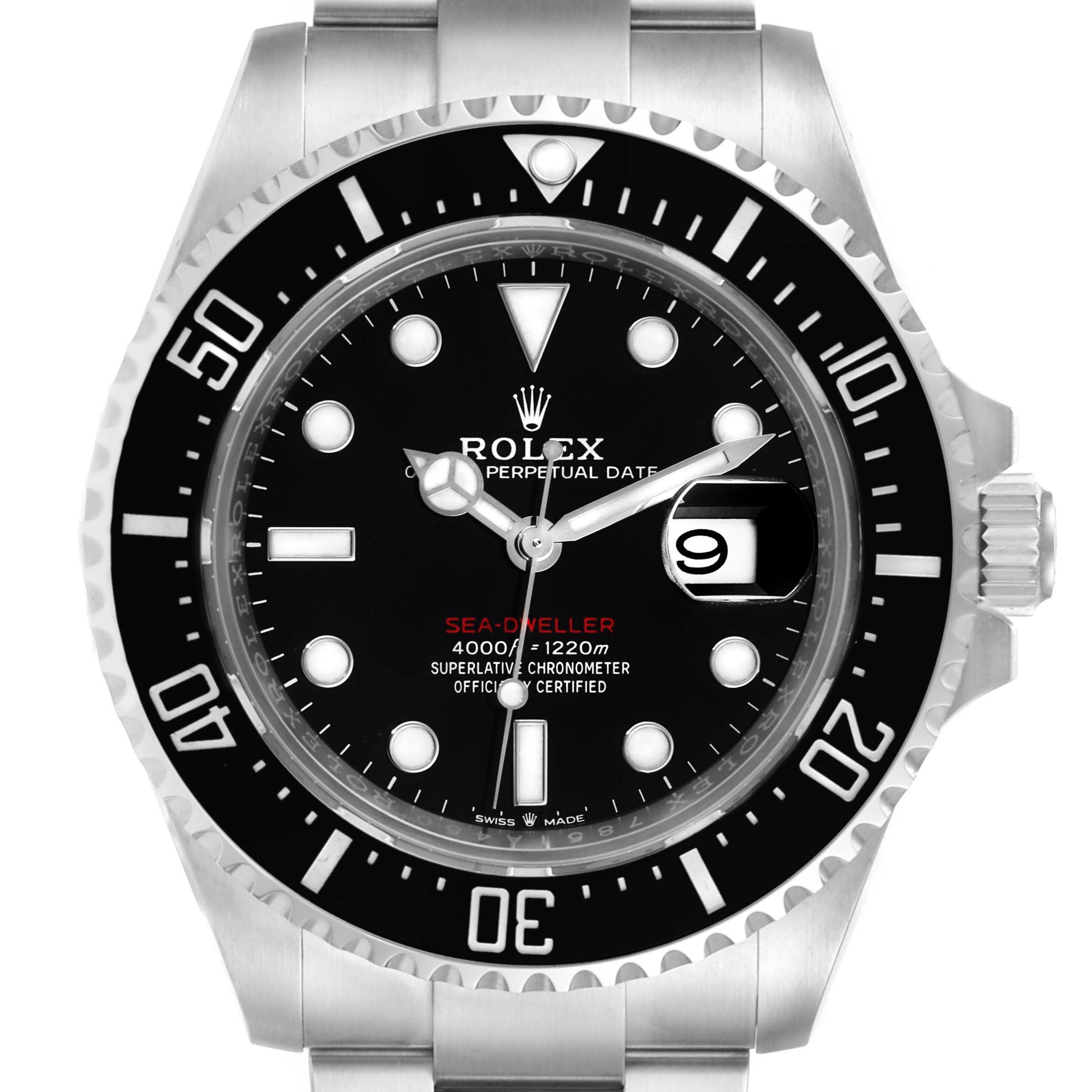 This is a frontal view of the Rolex Sea-Dweller 126600 Men's Stainless Steel Black Dial 126600 Men's Stainless Steel Black Dial watch, showing the dial, bezel, crown, and part of the bracelet.