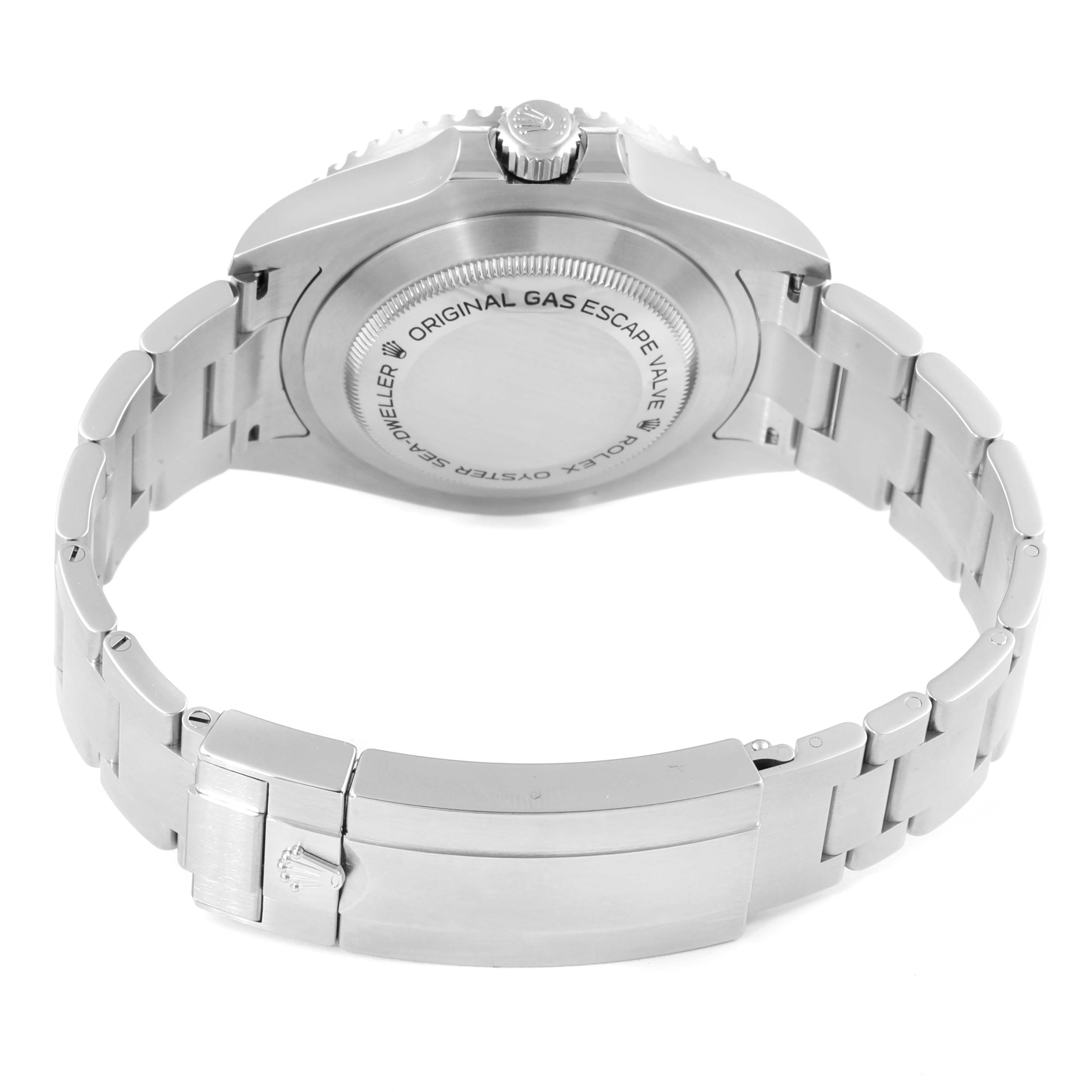 The image shows the back case and bracelet of the Rolex Sea-Dweller 126600 Men's Stainless Steel Black Dial 126600 Men's Stainless Steel Black Dial watch from a low angle.