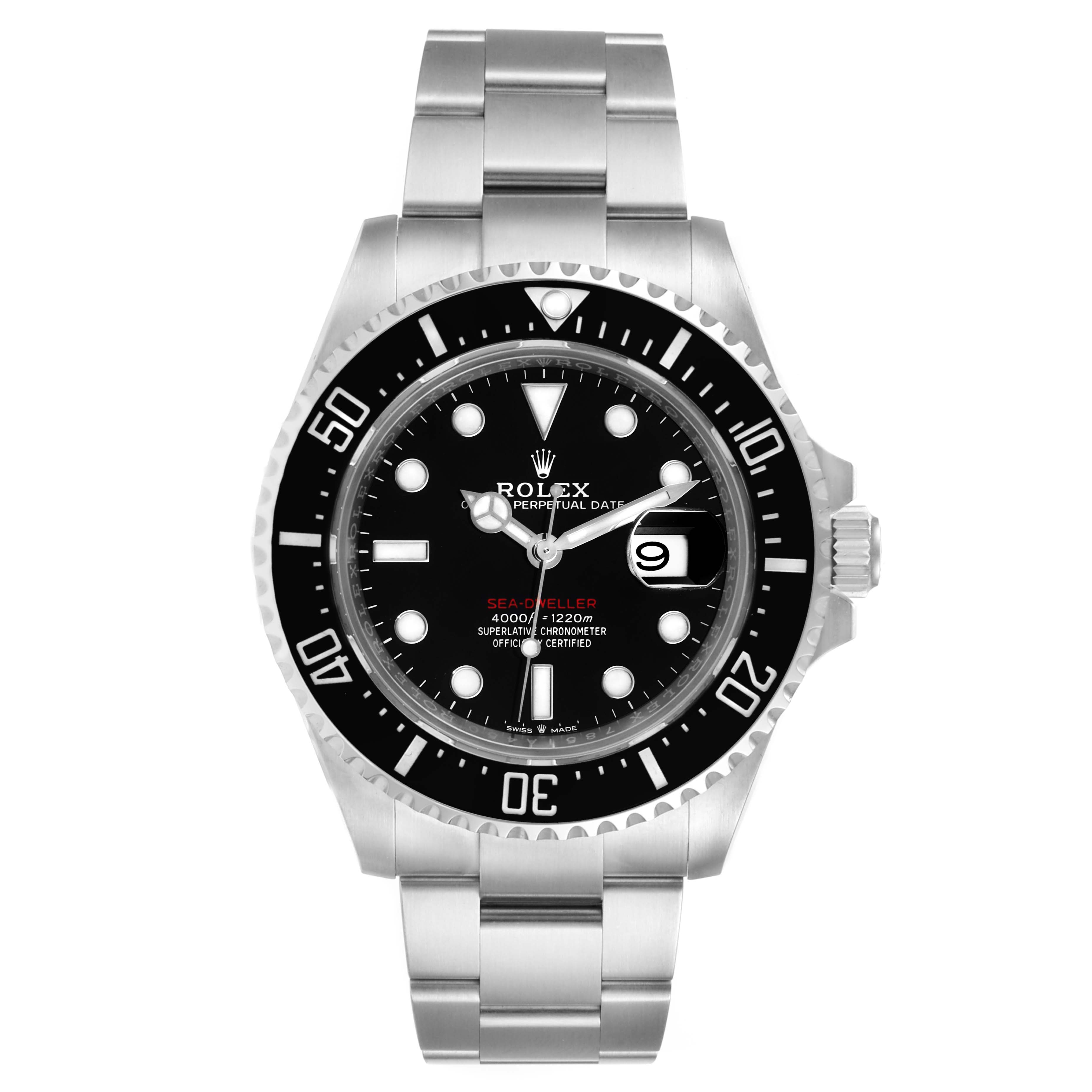 The Rolex Sea-Dweller 126600 Men's Stainless Steel Black Dial 126600 Men's Stainless Steel Black Dial watch is shown from the front, displaying the dial, bezel, crown, and bracelet.