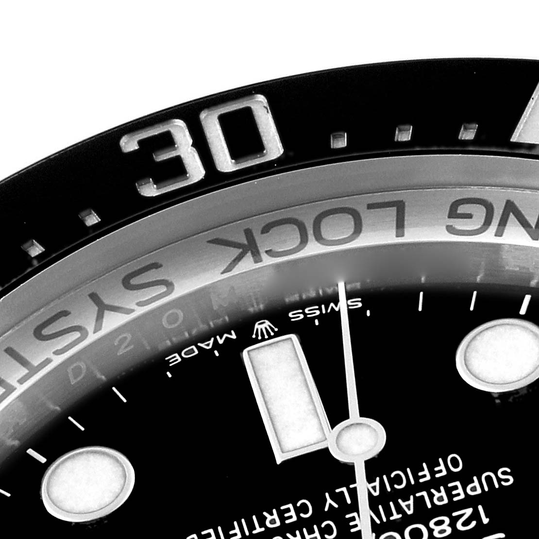 This image shows a close-up of the bezel and part of the dial of a Rolex Sea-Dweller 126660 Men
s Stainless Steel Black Dial 126660 Men
s Stainless Steel Black Dial watch.