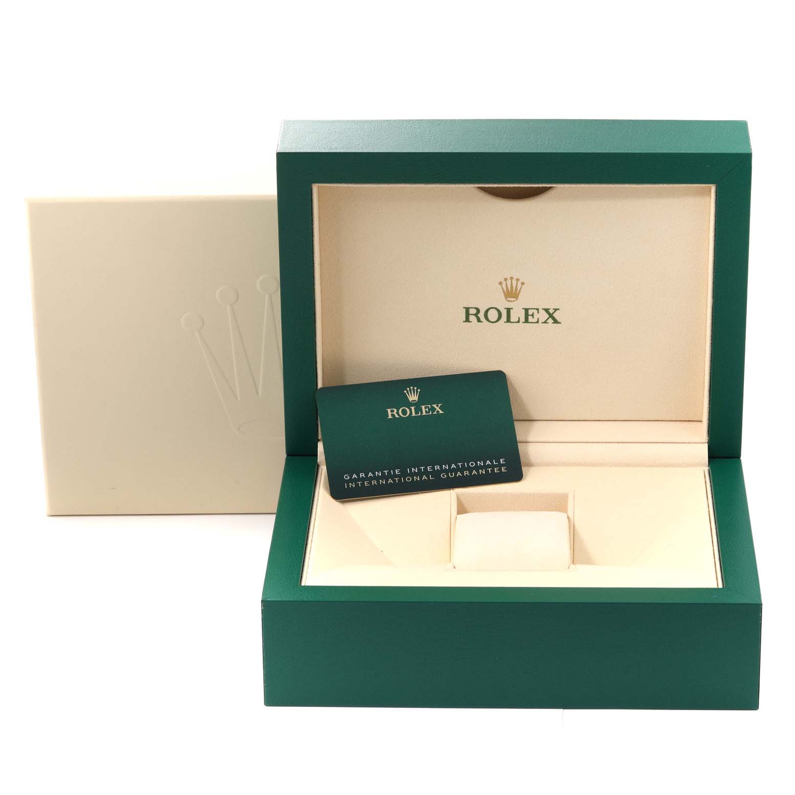 The image shows the open green box, cream insert, and guarantee card for the Rolex Sea-Dweller 126660 Men
s Stainless Steel Black Dial 126660 Men
s Stainless Steel Black Dial model.