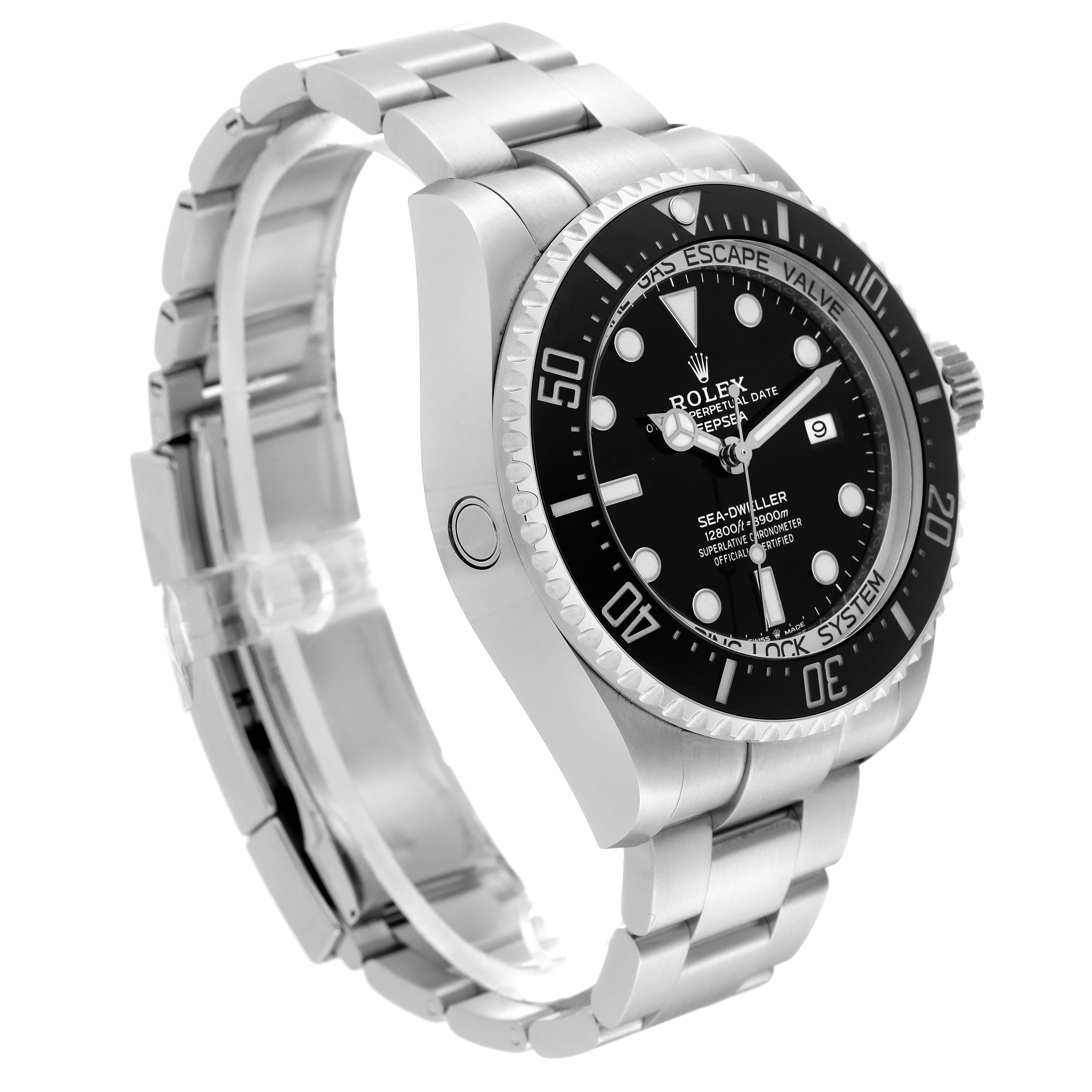 The image shows a side-angle view of a Rolex Sea-Dweller 126660 Men
s Stainless Steel Black Dial 126660 Men
s Stainless Steel Black Dial watch, highlighting its black dial, bezel, and stainless steel bracelet.