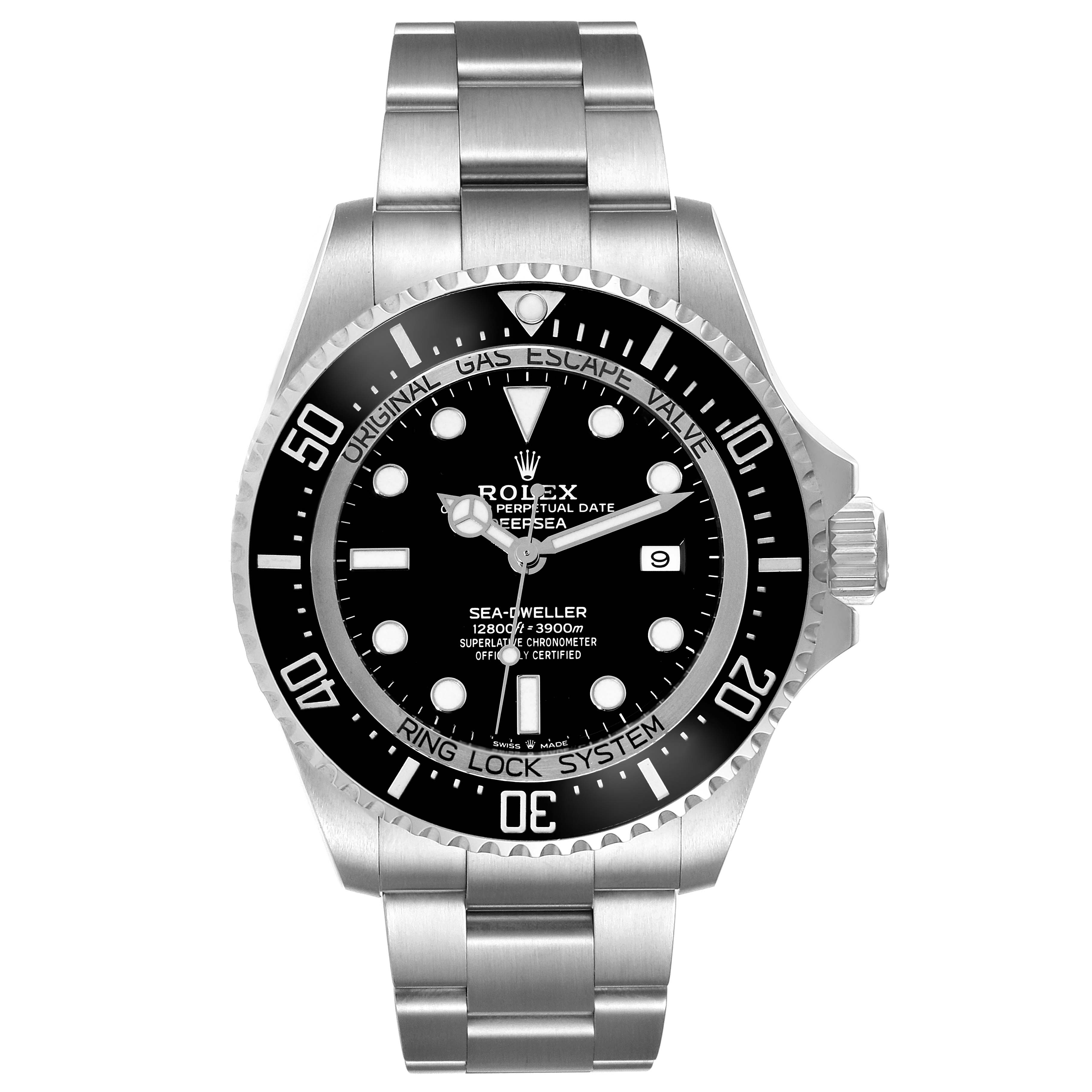 The image shows the front view of the Rolex Sea-Dweller 126660 Men
s Stainless Steel Black Dial 126660 Men
s Stainless Steel Black Dial watch, displaying the face, bezel, crown, and bracelet.
