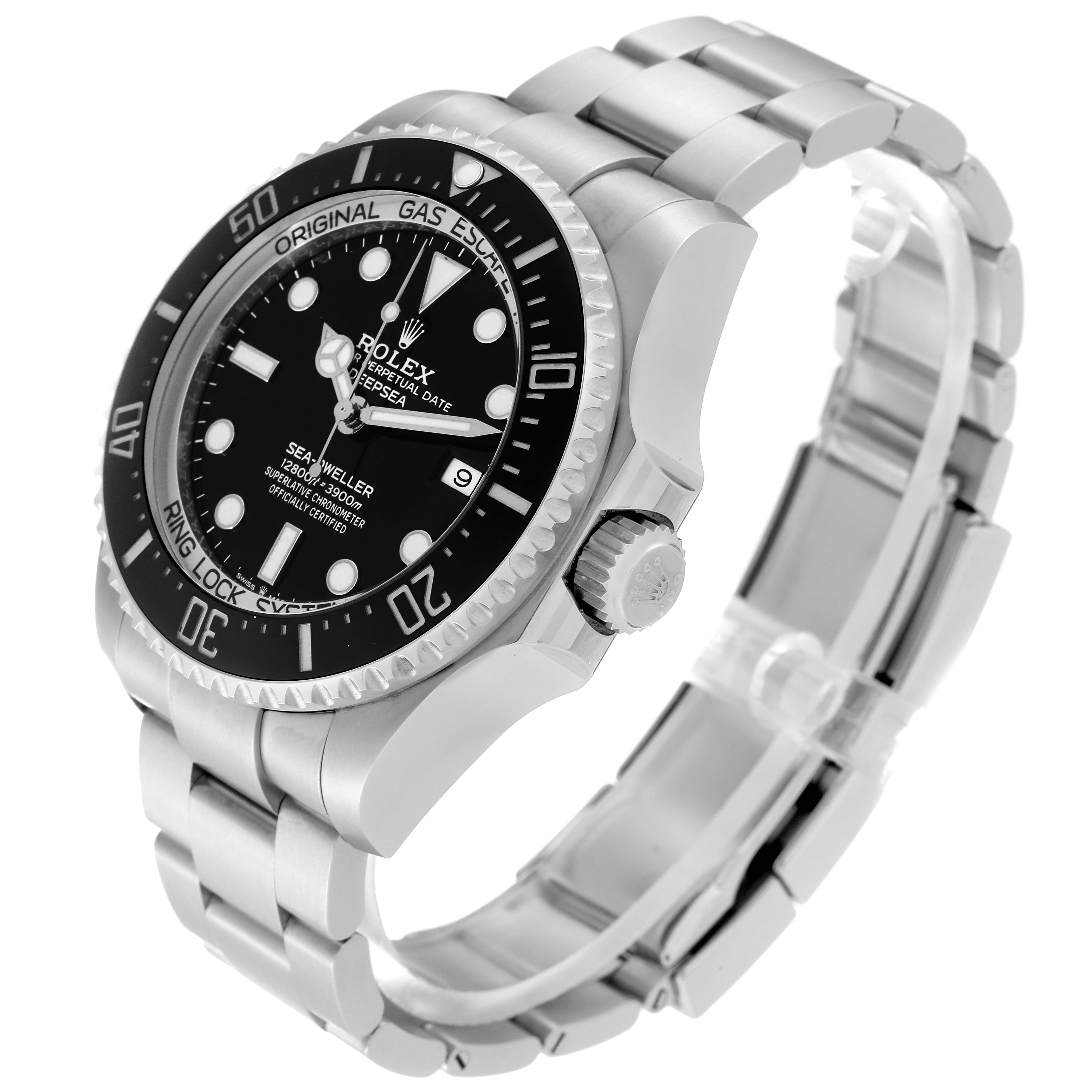 The image shows a Rolex Sea-Dweller 126660 Men
s Stainless Steel Black Dial 126660 Men
s Stainless Steel Black Dial watch angled from the front-right, highlighting the face, bezel, and stainless steel bracelet.