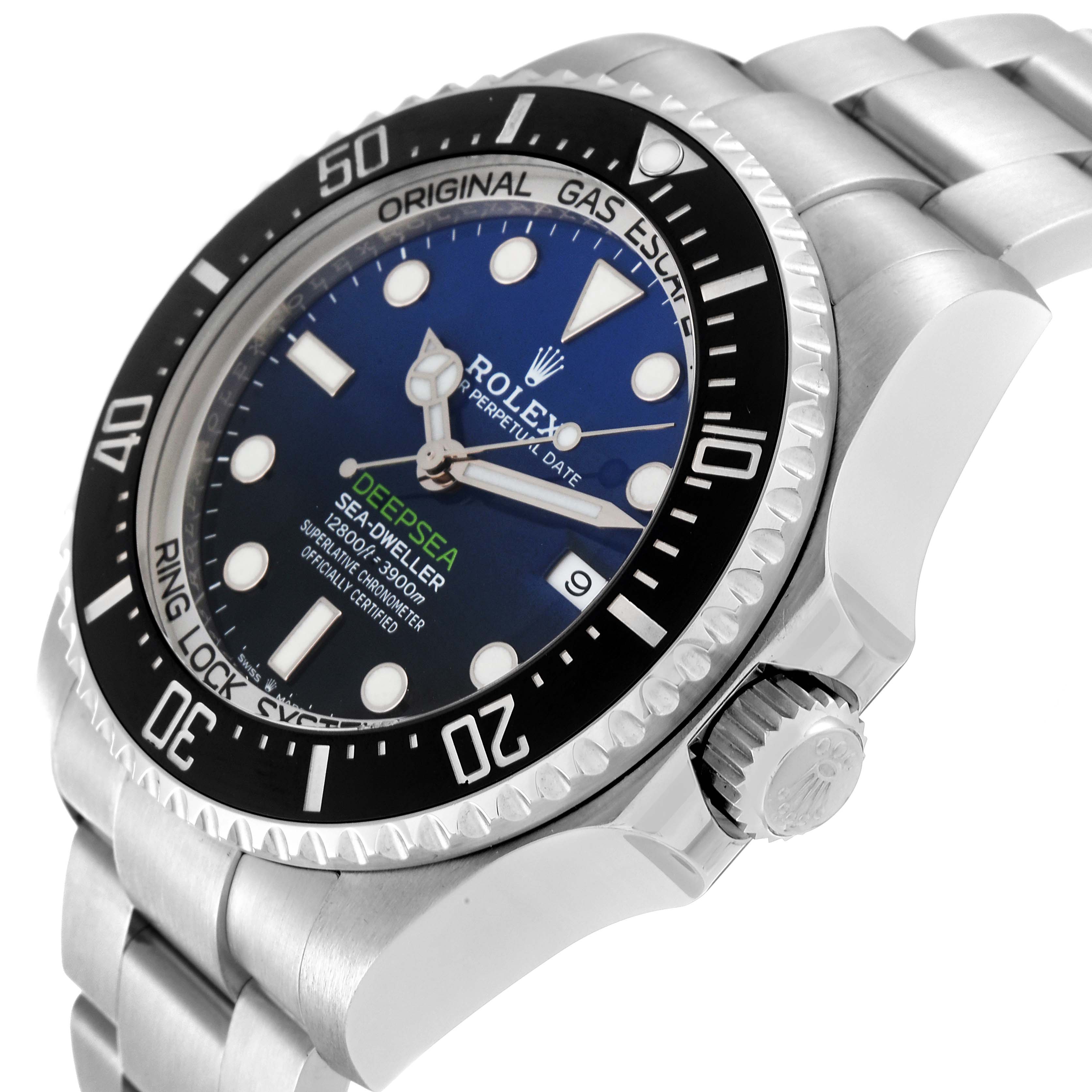 This image shows a close-up of the Rolex Sea-Dweller 126660 Men
s Stainless Steel Blue Dial 126660 Men
s Stainless Steel Blue Dial watch, highlighting the dial, bezel, and stainless steel bracelet from an angled side view.