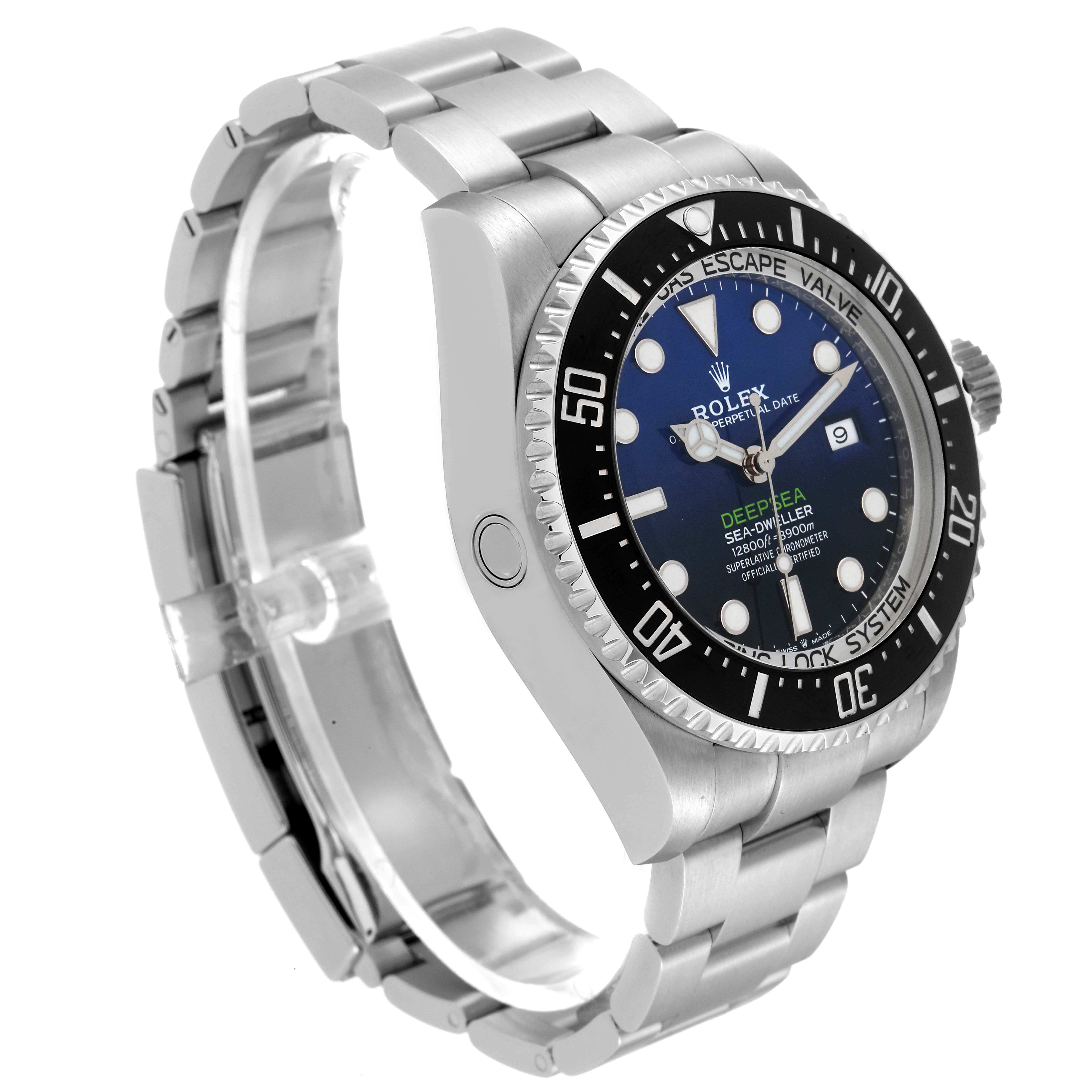 The image shows a Rolex Sea-Dweller 126660 Men
s Stainless Steel Blue Dial 126660 Men
s Stainless Steel Blue Dial watch at a slight angle, displaying its bracelet, bezel, and dial.