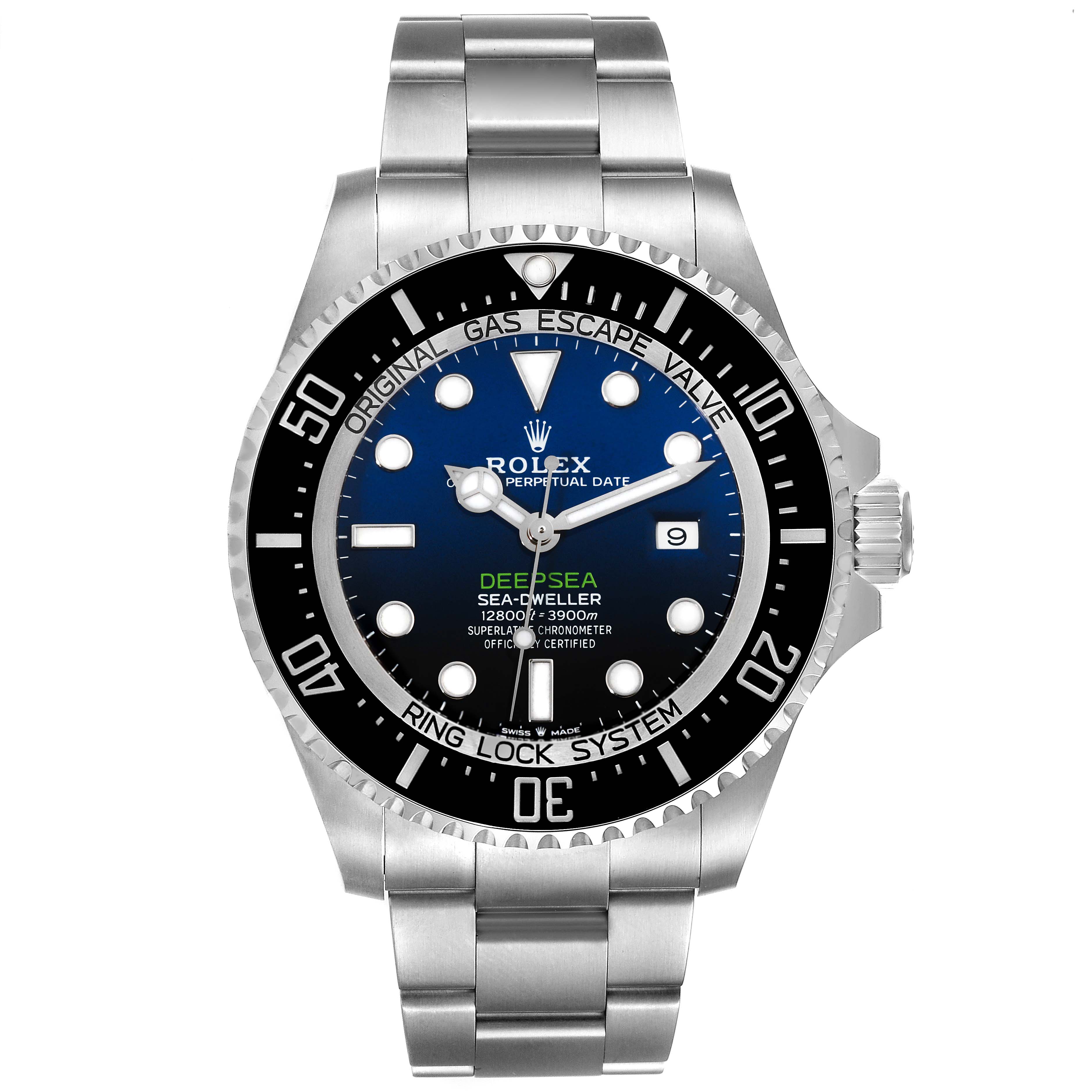 The image shows a front view of a Rolex Sea-Dweller 126660 Men
s Stainless Steel Blue Dial 126660 Men
s Stainless Steel Blue Dial watch, displaying the dial, bezel, and part of the bracelet.