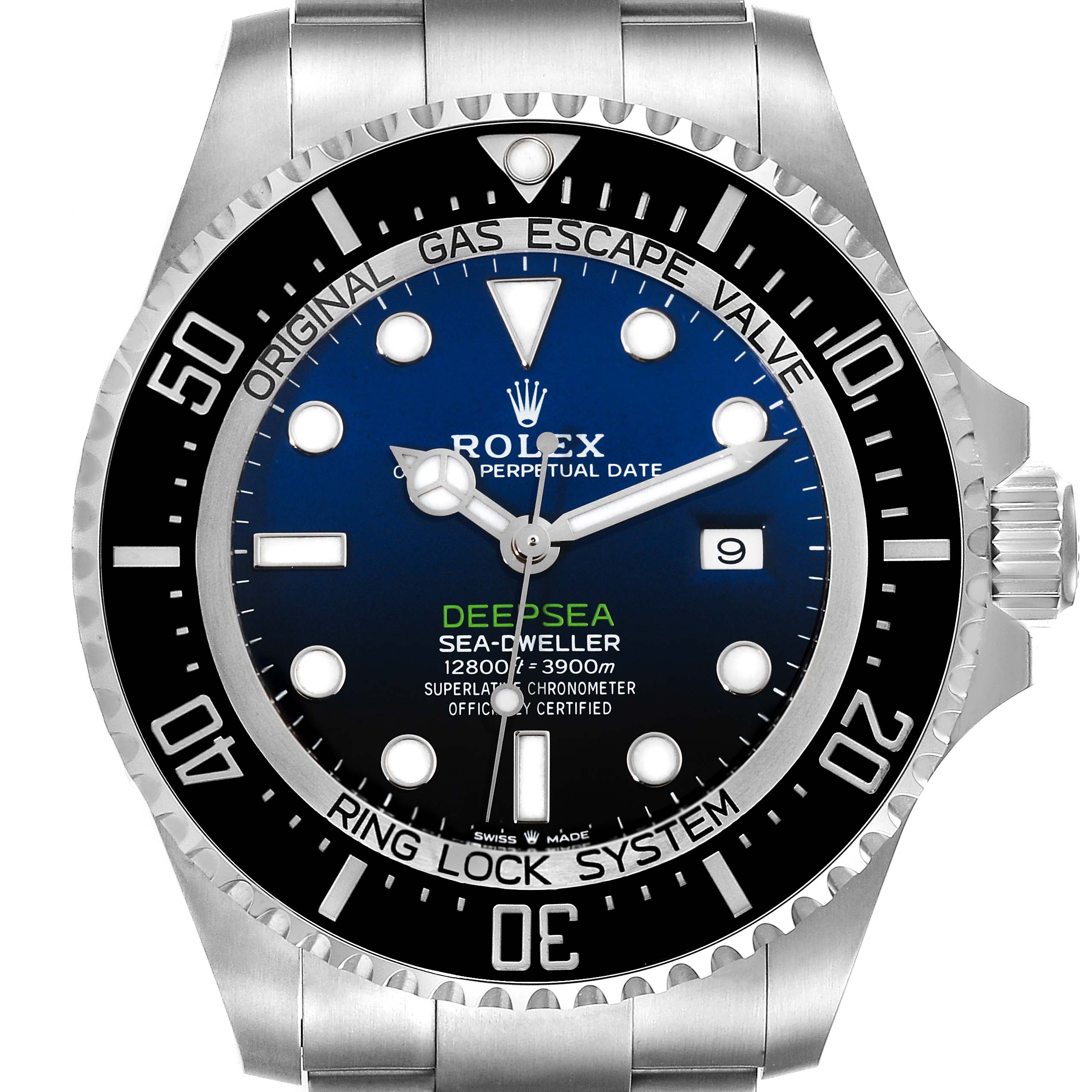 The image shows a front view of the Rolex Sea-Dweller 126660 Men
s Stainless Steel Blue Dial 126660 Men
s Stainless Steel Blue Dial watch, highlighting its face, bezel, and part of the bracelet.