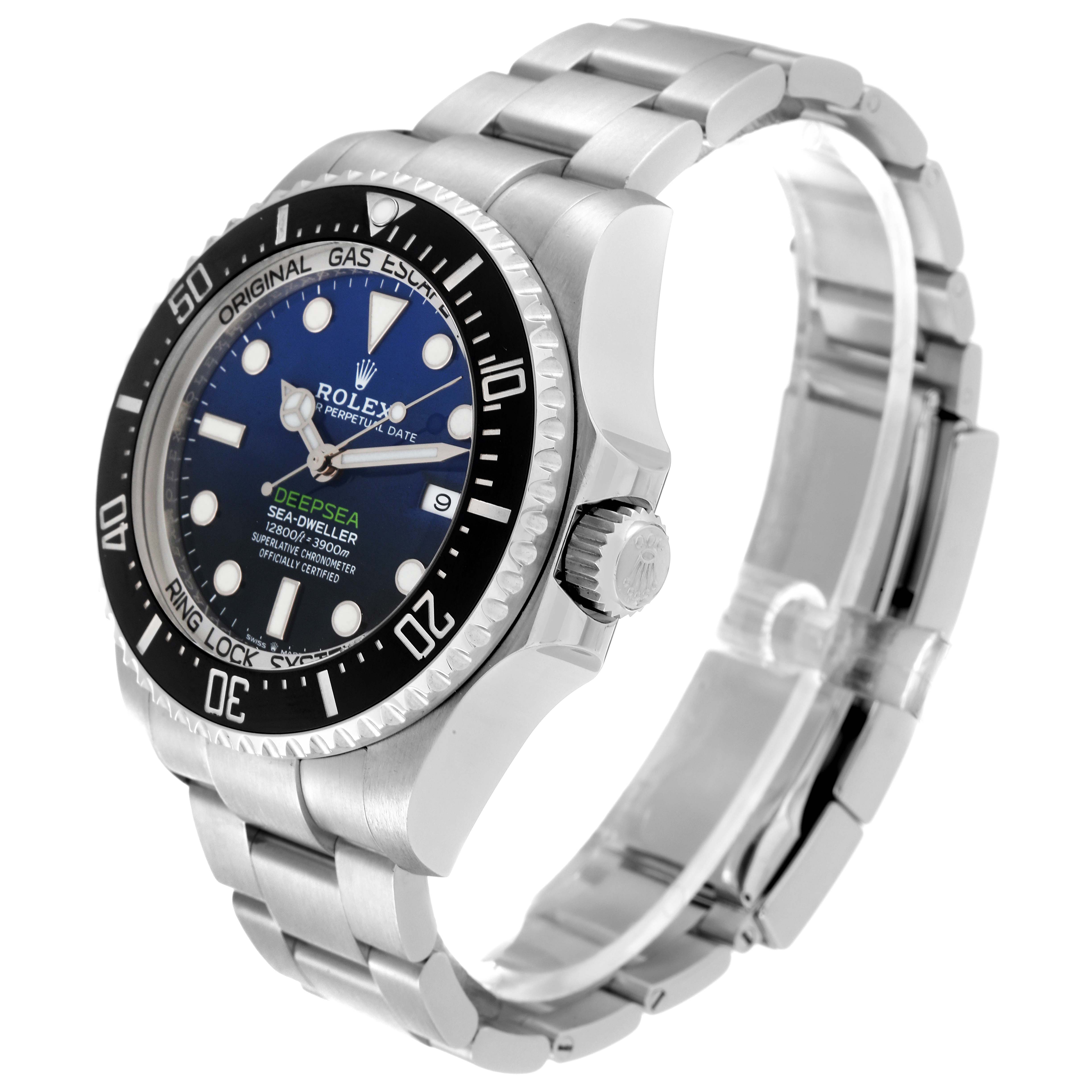 The image shows a side angle of a Rolex Sea-Dweller 126660 Men
s Stainless Steel Blue Dial 126660 Men
s Stainless Steel Blue Dial watch, displaying the face, bezel, crown, and part of the bracelet.
