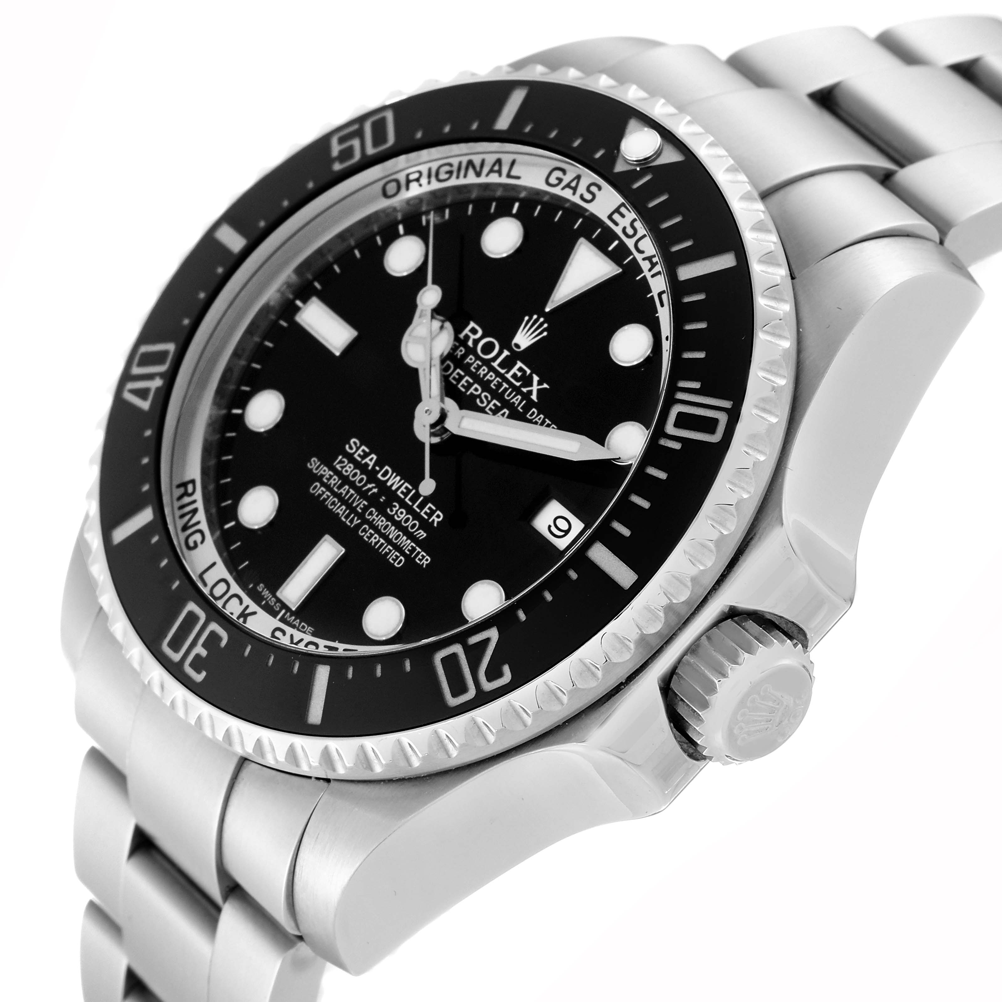 The image shows a frontal angle of the Rolex Sea-Dweller 116660 Men
s Stainless Steel Black Dial 116660 Men
s Stainless Steel Black Dial watch, highlighting the dial, bezel, and part of the bracelet.