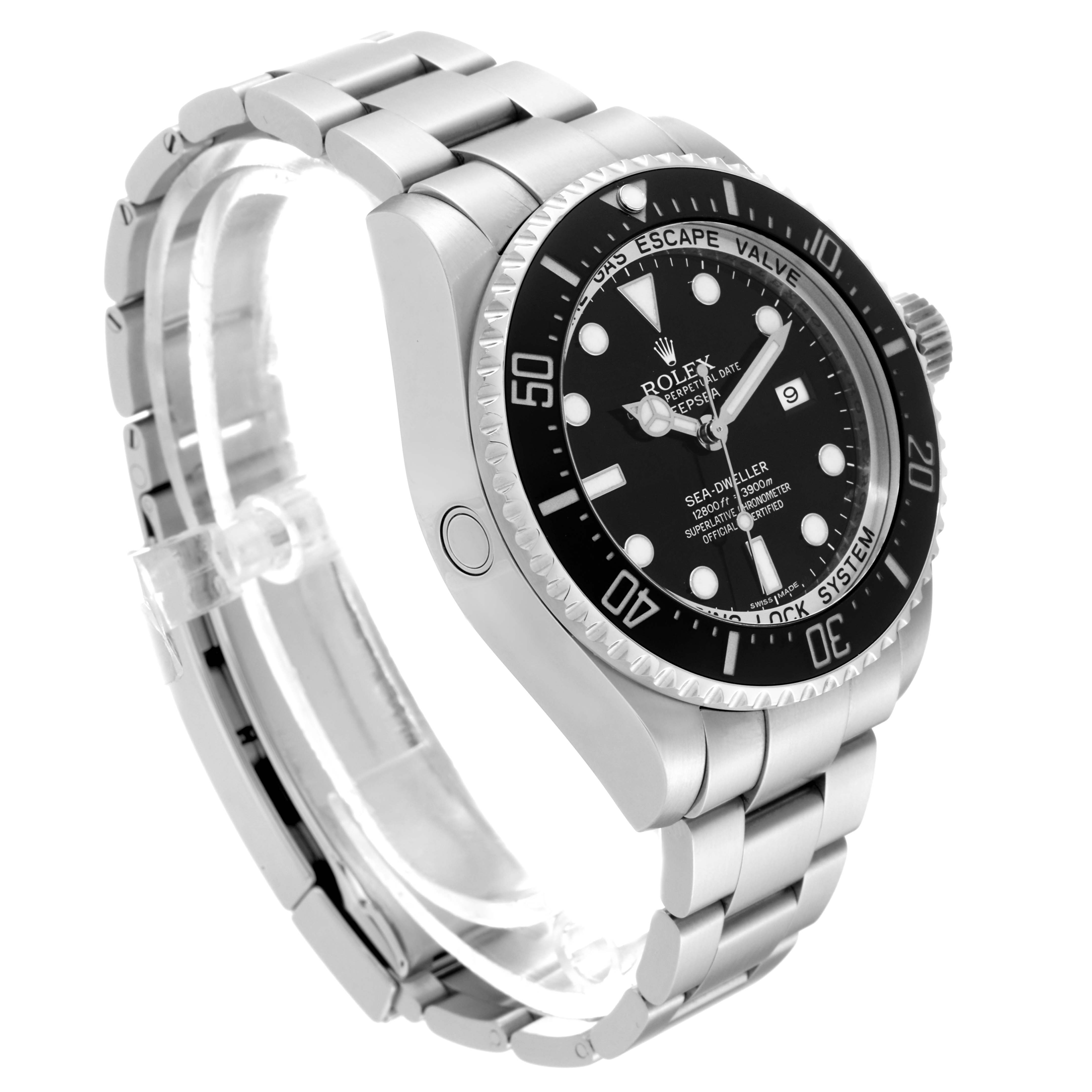The image shows a side angle of the Rolex Sea-Dweller 116660 Men
s Stainless Steel Black Dial 116660 Men
s Stainless Steel Black Dial watch, highlighting its bezel, dial, crown, and bracelet.