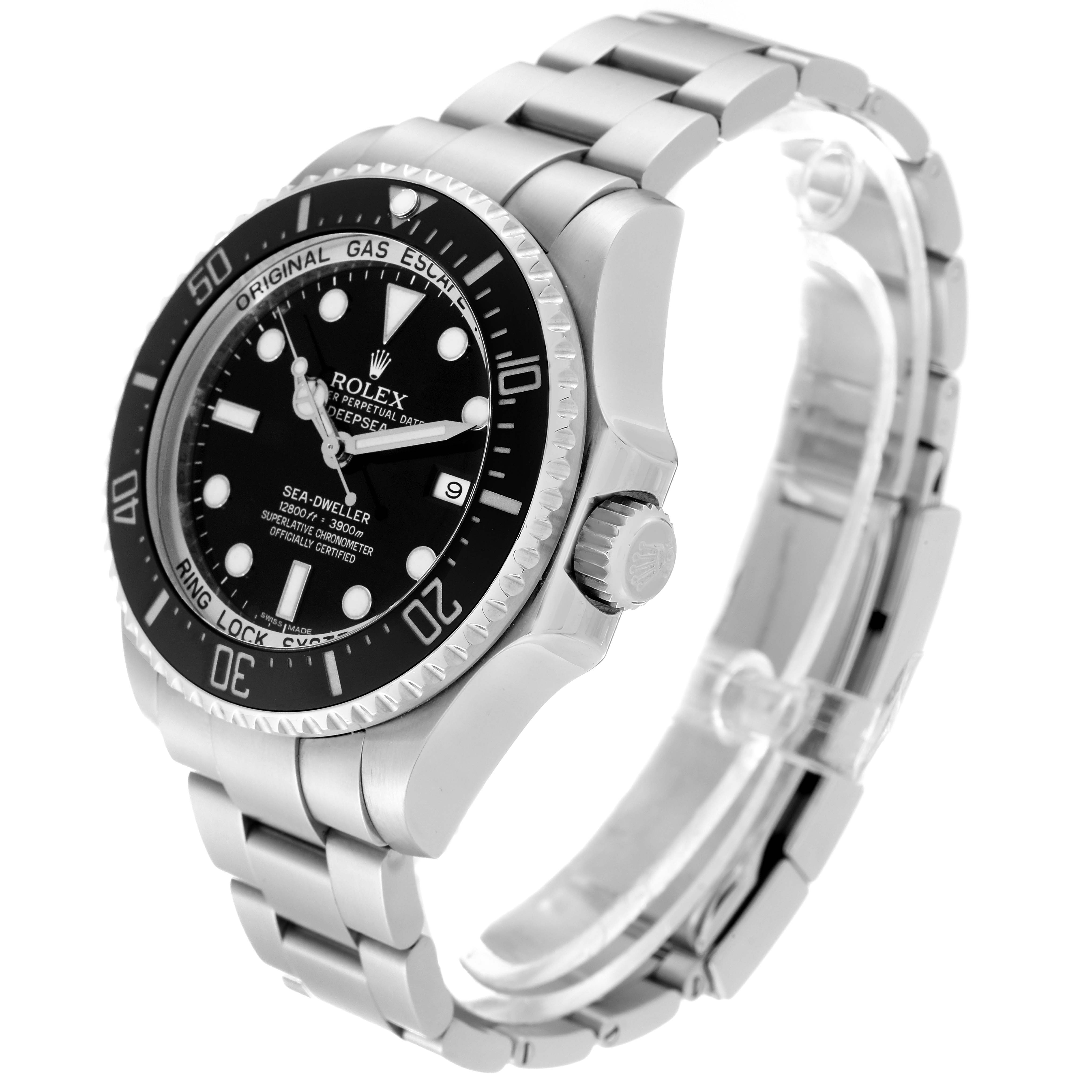 The image shows a side angle of the Rolex Sea-Dweller 116660 Men
s Stainless Steel Black Dial 116660 Men
s Stainless Steel Black Dial watch, highlighting its dial, bezel, and bracelet.