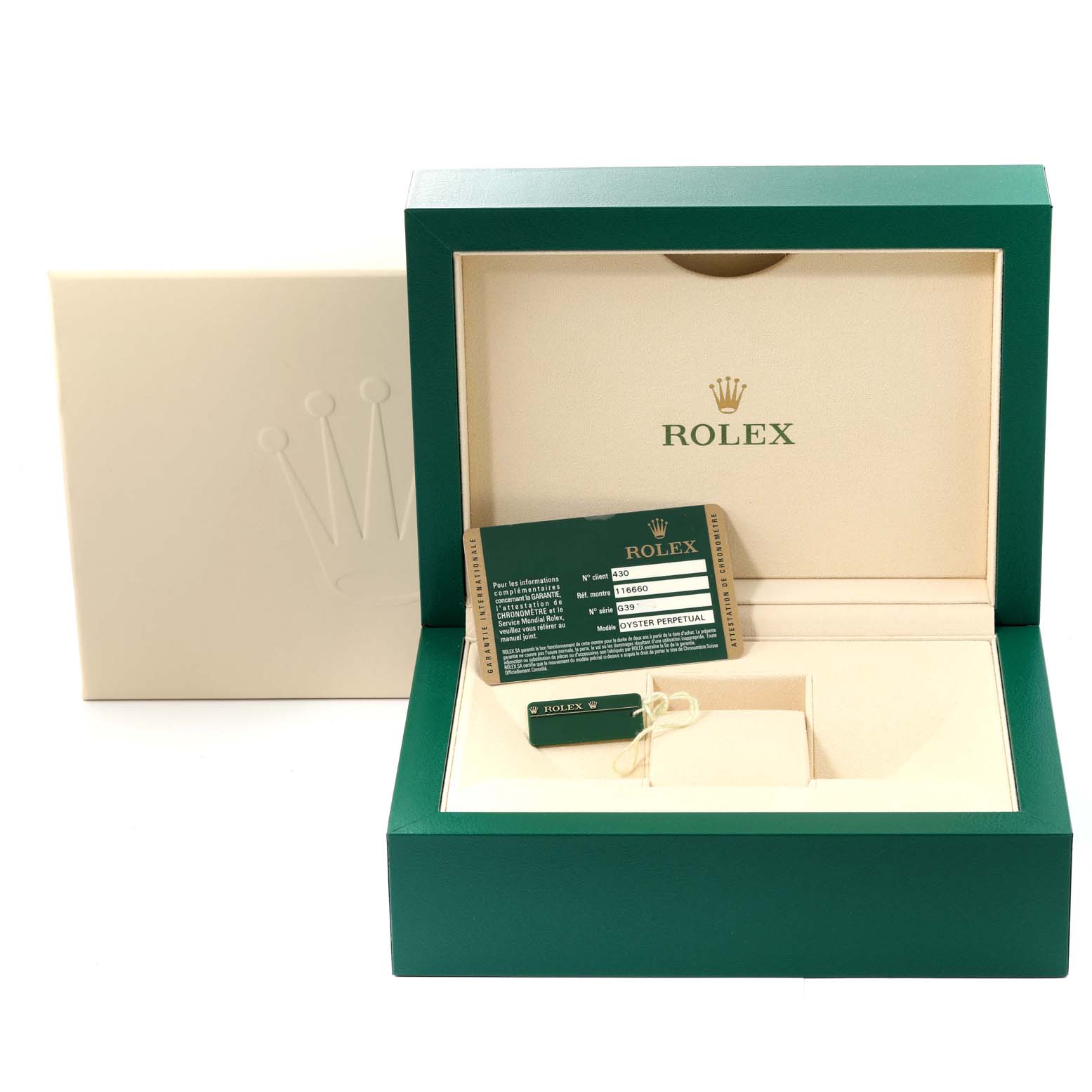 The image shows an empty Rolex Sea-Dweller 116660 Men
s Stainless Steel Black Dial 116660 Men
s Stainless Steel Black Dial watch box, with a warranty card and tag inside.