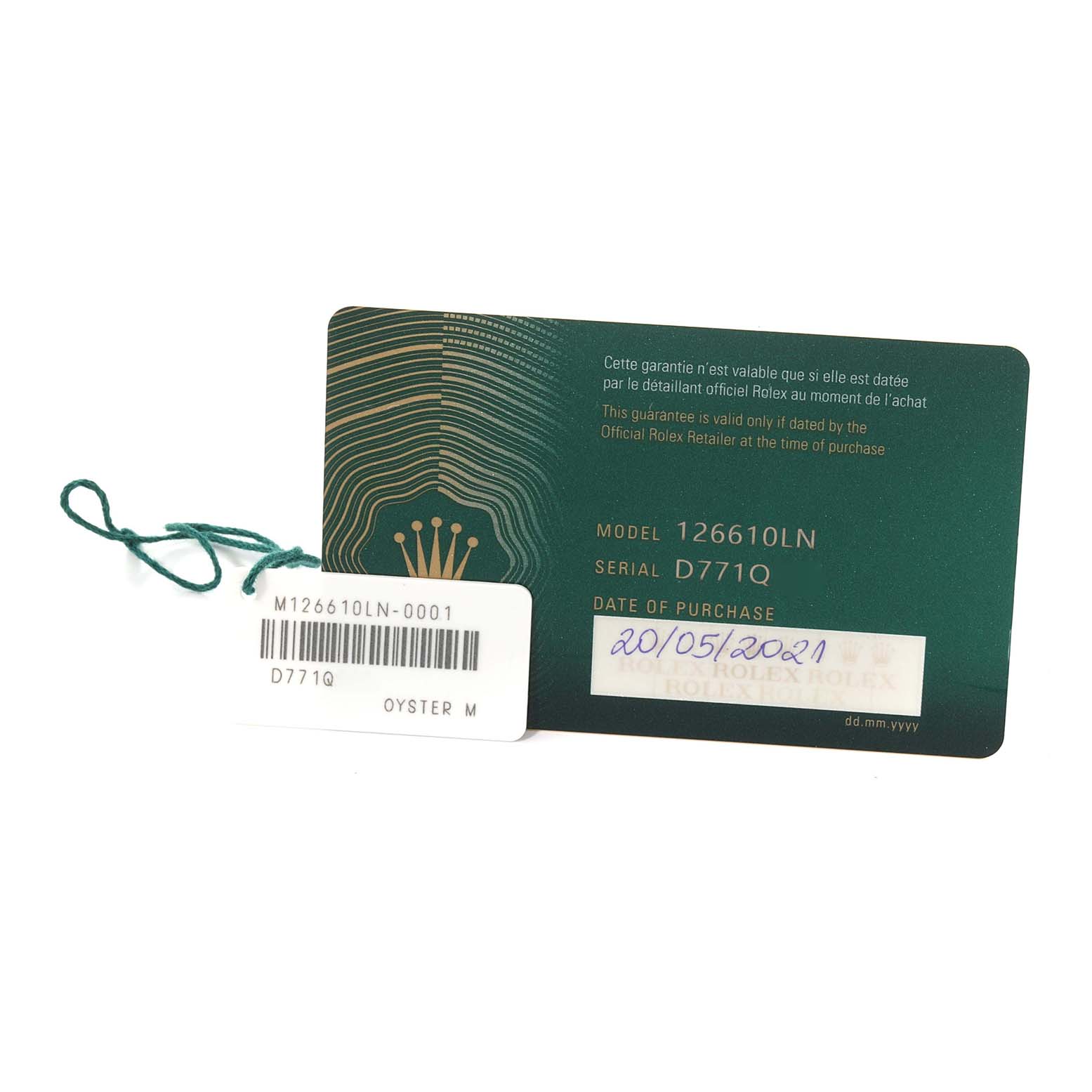 The image shows the warranty and serial number card for a Rolex Submariner 126610LN Men
s Stainless Steel Black Dial 126610LN Men
s Stainless Steel Black Dial model 126610LN.